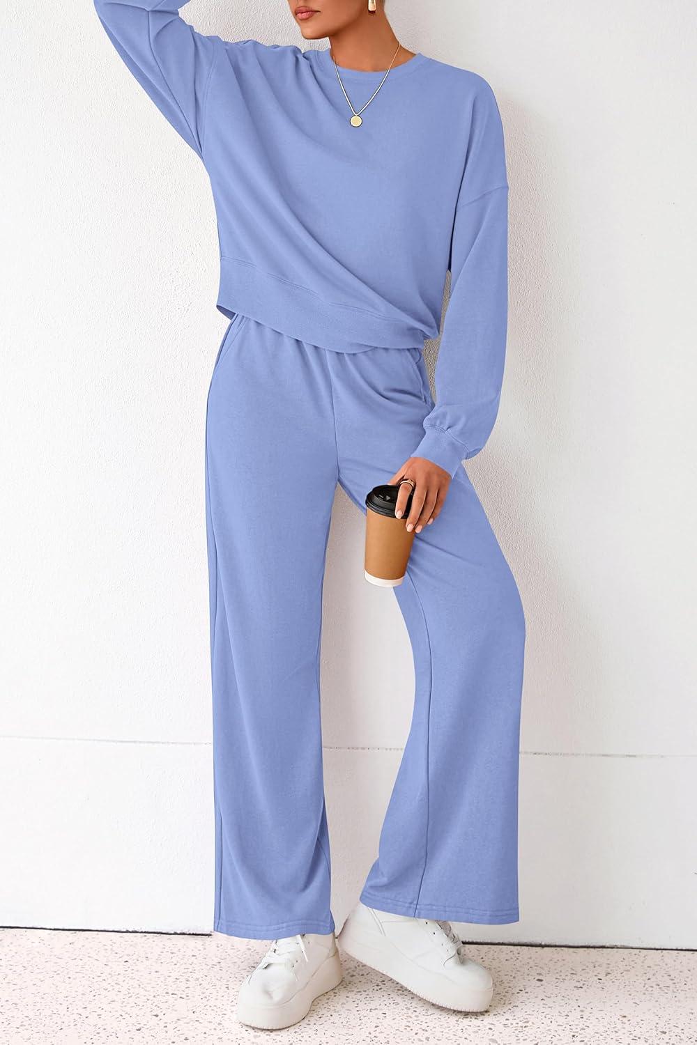 imagePRETTYGARDEN Women 2 Piece Outfits 2025 Fall Sweatsuits Crewneck Sweatshirt Wide Leg Sweatpants Lounge Sets TracksuitLight Blue