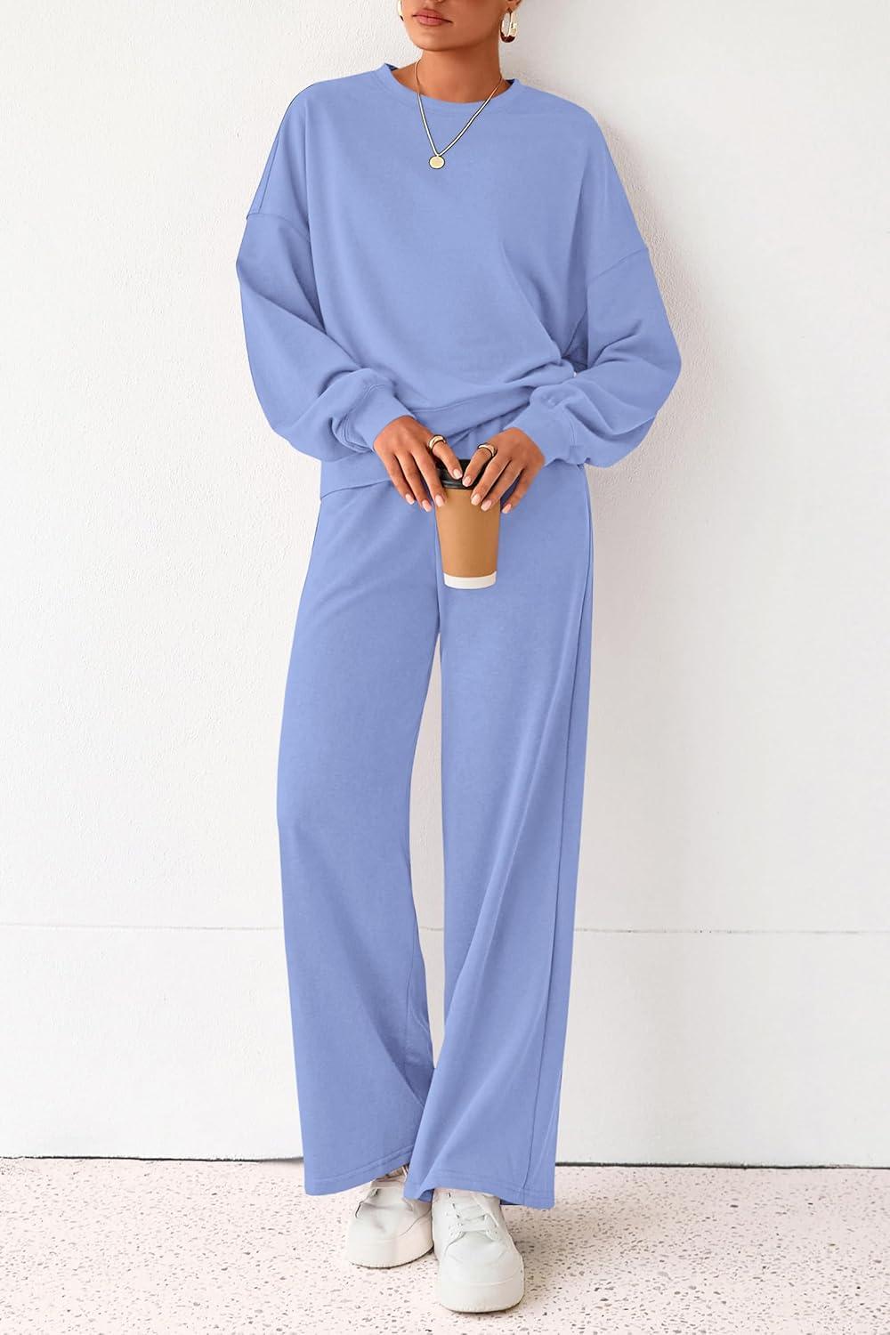 imagePRETTYGARDEN Women 2 Piece Outfits 2025 Fall Sweatsuits Crewneck Sweatshirt Wide Leg Sweatpants Lounge Sets TracksuitLight Blue