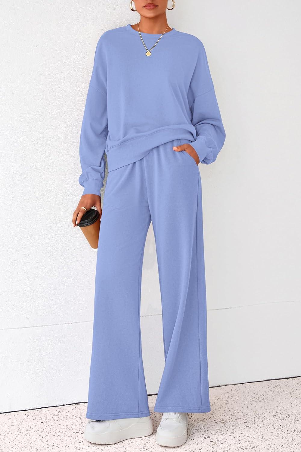 imagePRETTYGARDEN Women 2 Piece Outfits 2025 Fall Sweatsuits Crewneck Sweatshirt Wide Leg Sweatpants Lounge Sets TracksuitLight Blue