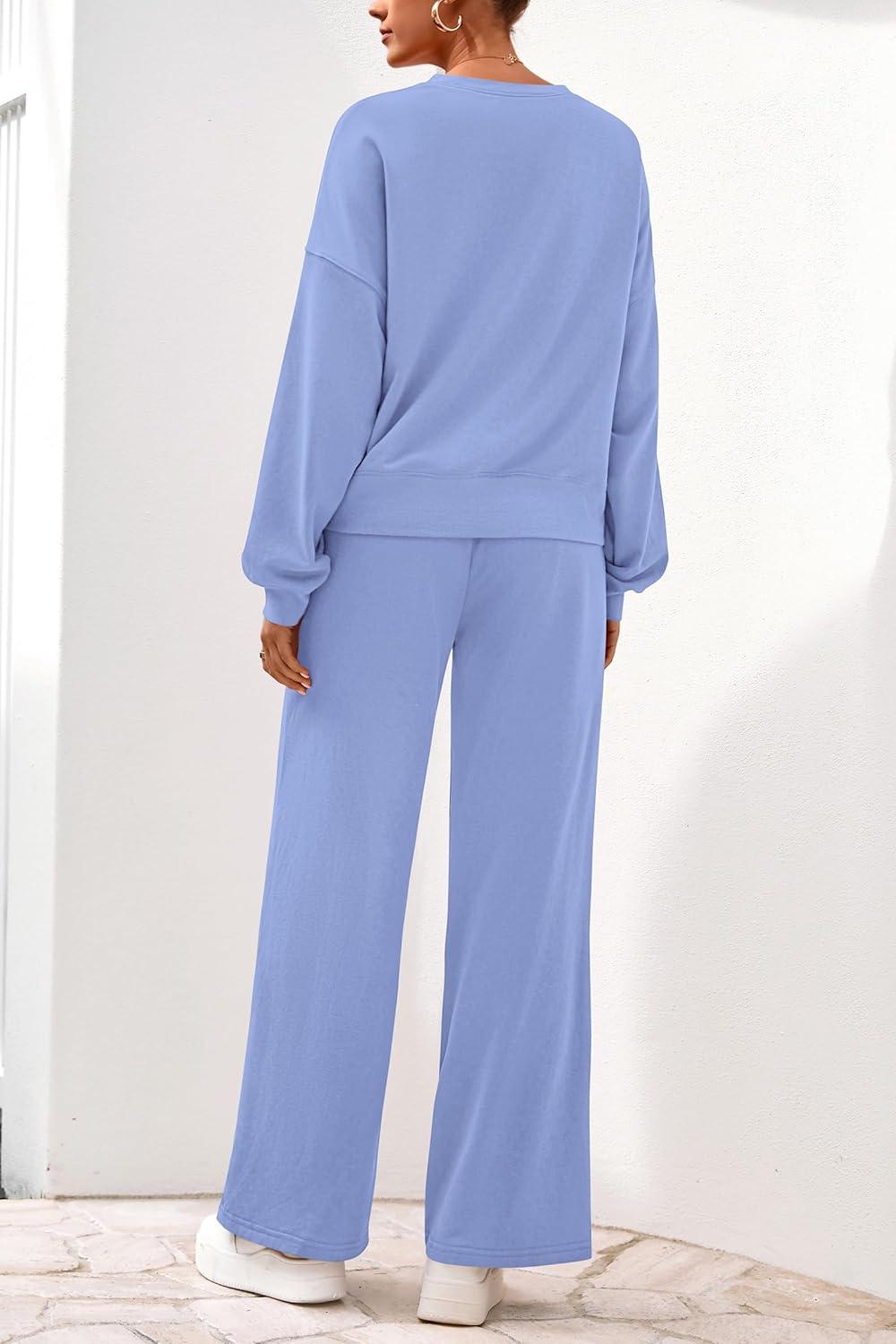 imagePRETTYGARDEN Women 2 Piece Outfits 2025 Fall Sweatsuits Crewneck Sweatshirt Wide Leg Sweatpants Lounge Sets TracksuitLight Blue