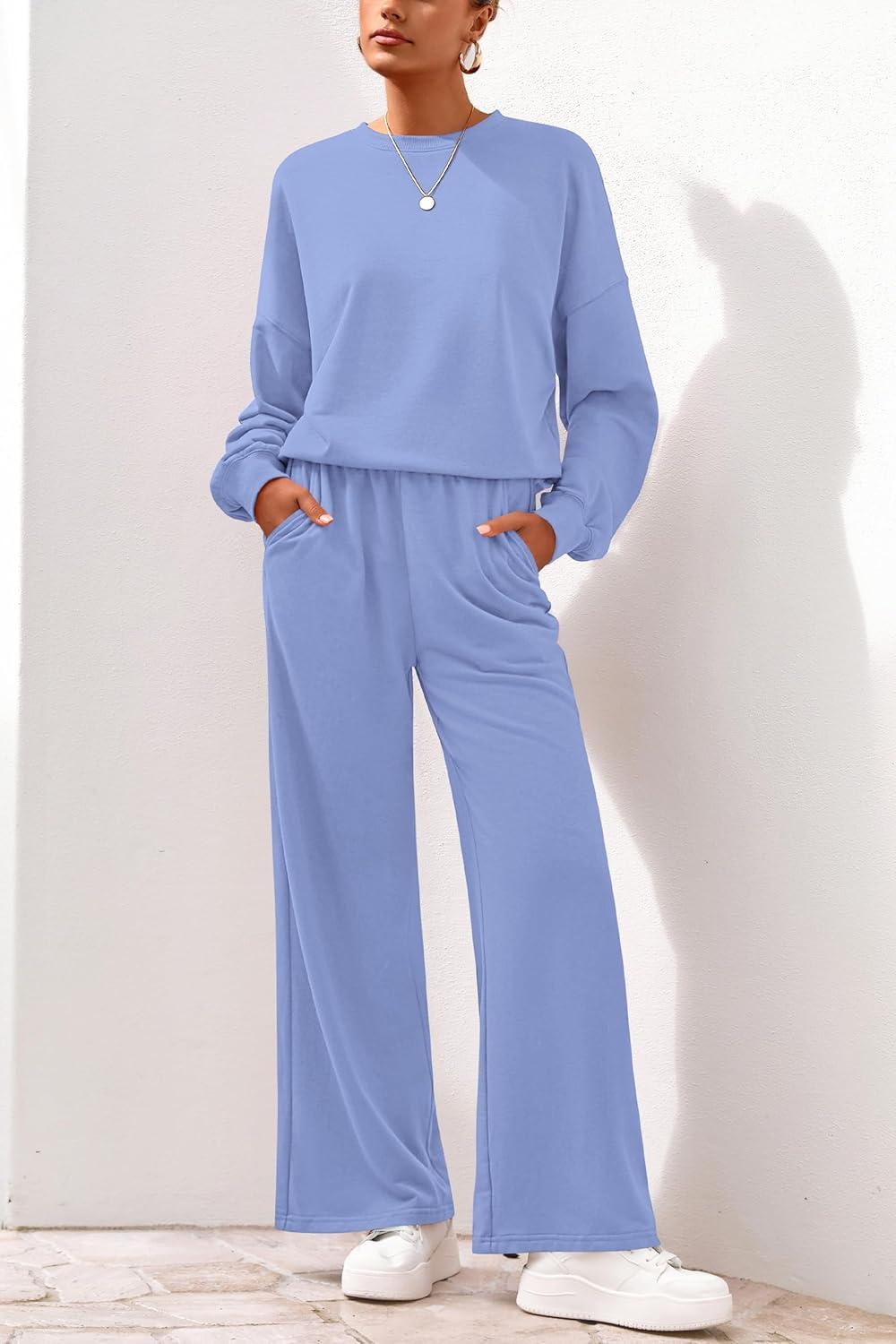 imagePRETTYGARDEN Women 2 Piece Outfits 2025 Fall Sweatsuits Crewneck Sweatshirt Wide Leg Sweatpants Lounge Sets TracksuitLight Blue