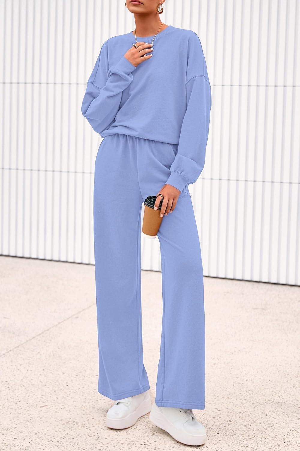 imagePRETTYGARDEN Women 2 Piece Outfits 2025 Fall Sweatsuits Crewneck Sweatshirt Wide Leg Sweatpants Lounge Sets TracksuitLight Blue