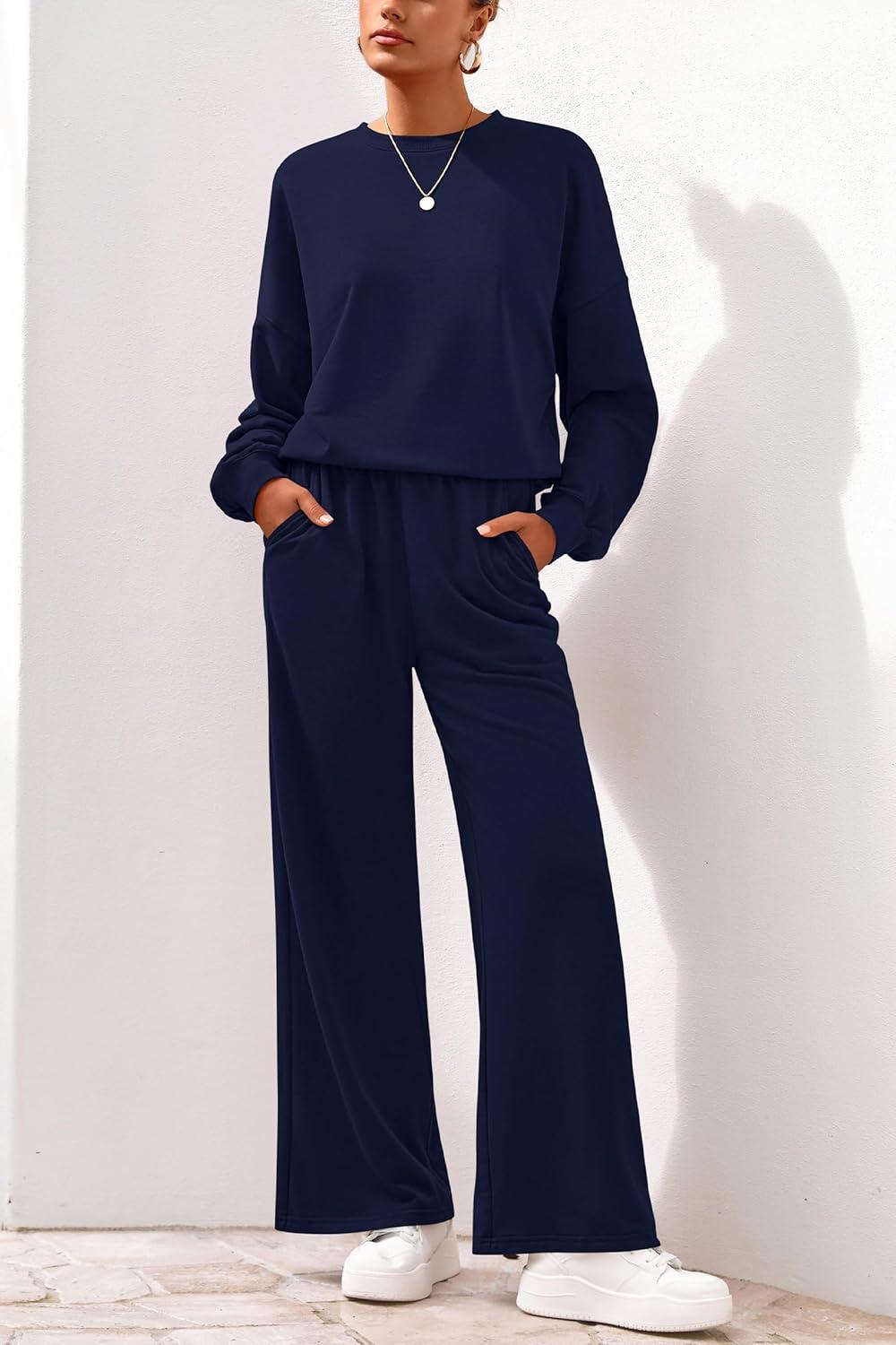 imagePRETTYGARDEN Women 2 Piece Outfits 2025 Fall Sweatsuits Crewneck Sweatshirt Wide Leg Sweatpants Lounge Sets TracksuitNavy Blue