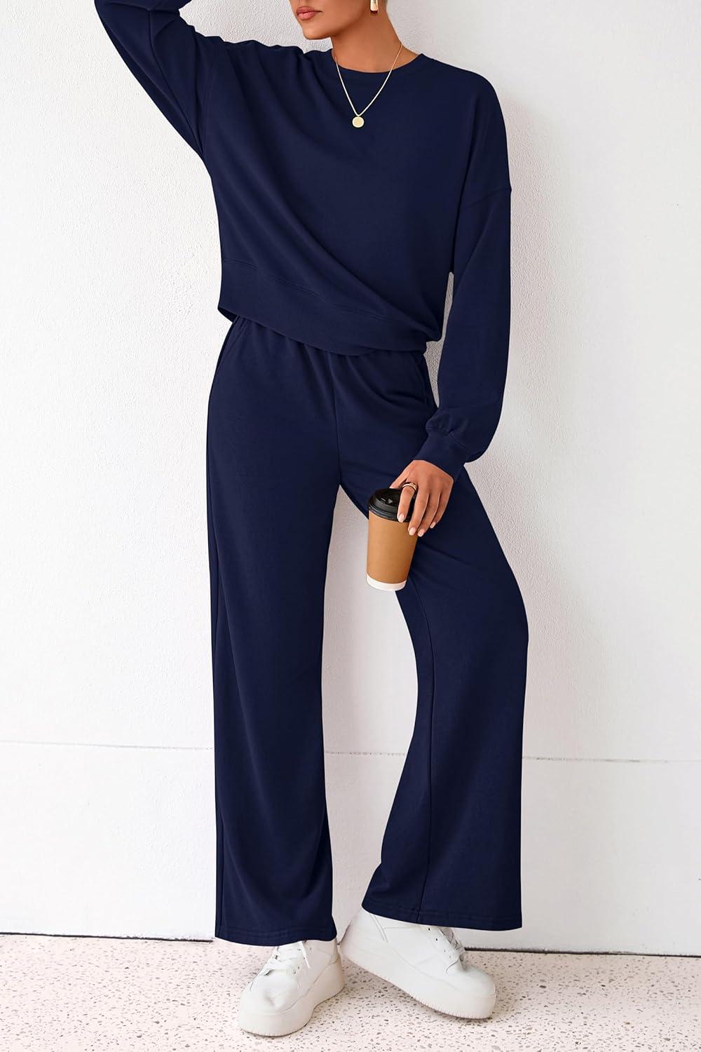 imagePRETTYGARDEN Women 2 Piece Outfits 2025 Fall Sweatsuits Crewneck Sweatshirt Wide Leg Sweatpants Lounge Sets TracksuitNavy Blue
