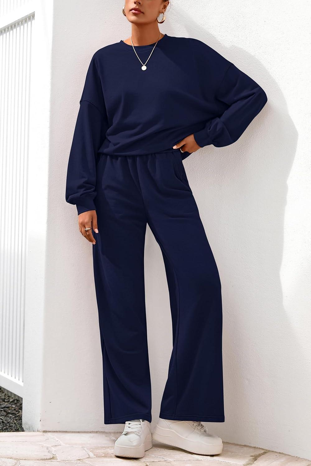 imagePRETTYGARDEN Women 2 Piece Outfits 2025 Fall Sweatsuits Crewneck Sweatshirt Wide Leg Sweatpants Lounge Sets TracksuitNavy Blue