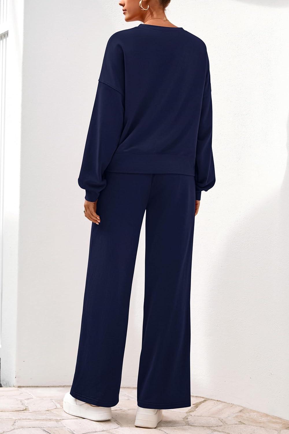 imagePRETTYGARDEN Women 2 Piece Outfits 2025 Fall Sweatsuits Crewneck Sweatshirt Wide Leg Sweatpants Lounge Sets TracksuitNavy Blue