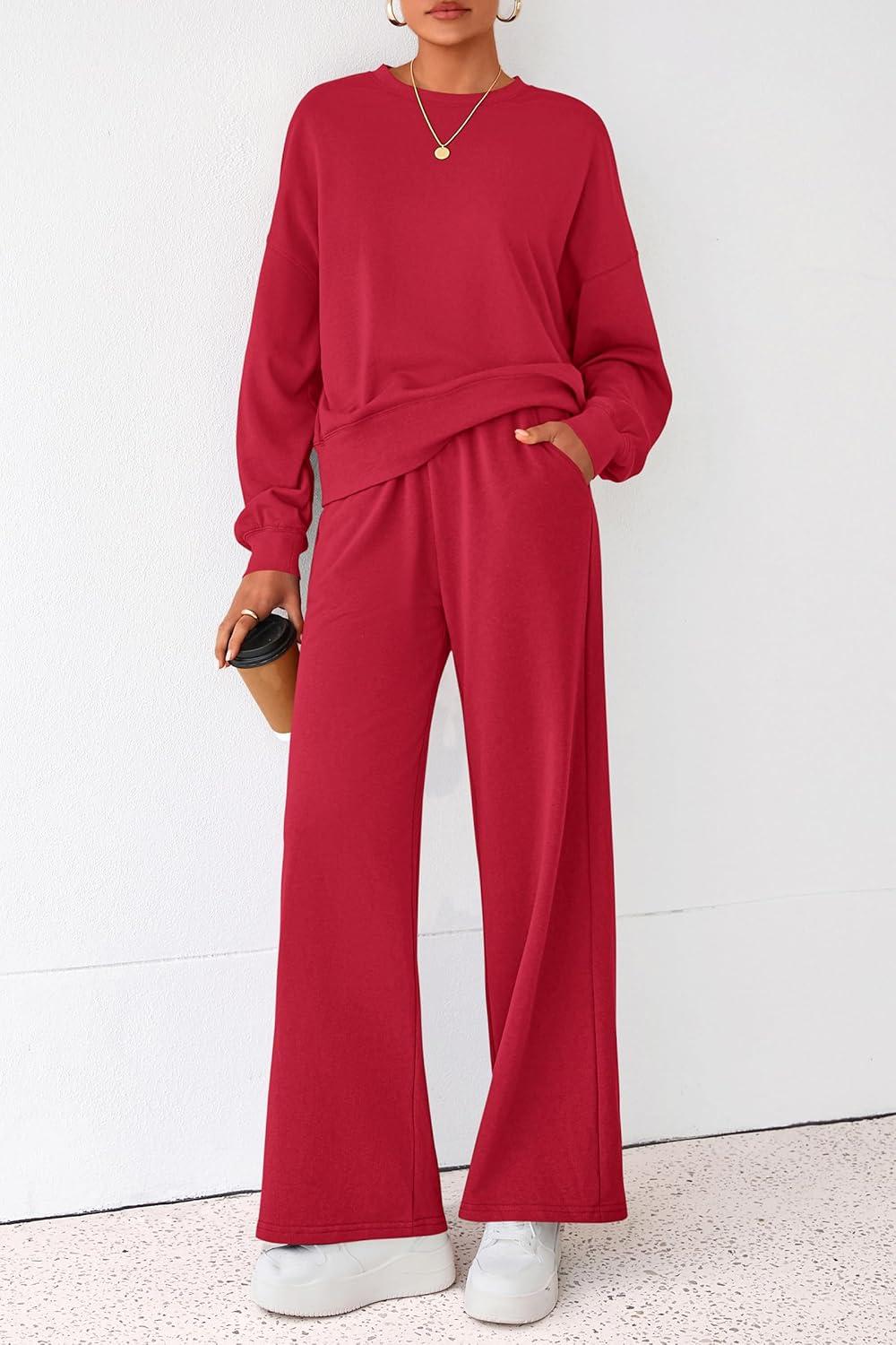 imagePRETTYGARDEN Women 2 Piece Outfits 2025 Fall Sweatsuits Crewneck Sweatshirt Wide Leg Sweatpants Lounge Sets TracksuitRed