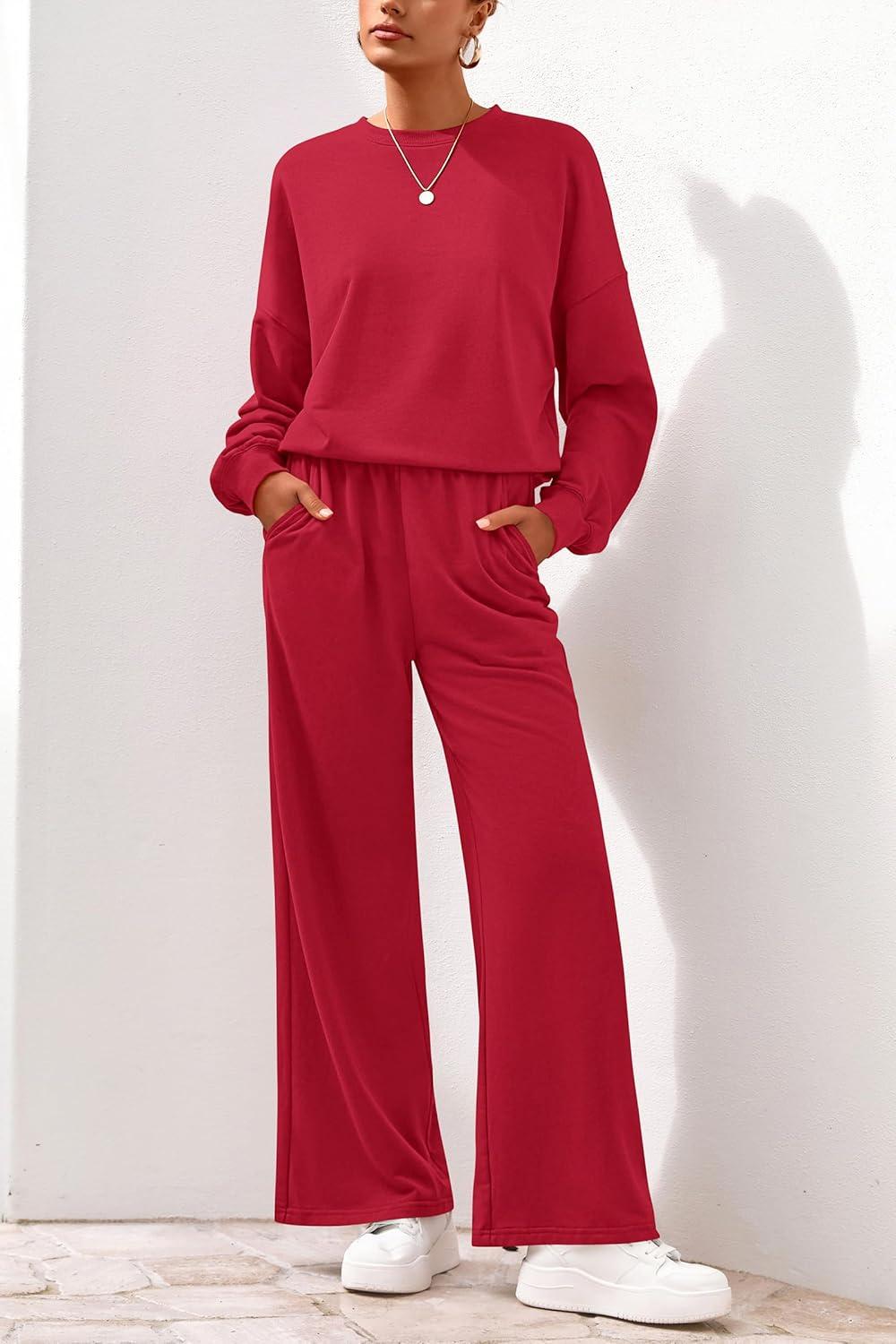 imagePRETTYGARDEN Women 2 Piece Outfits 2025 Fall Sweatsuits Crewneck Sweatshirt Wide Leg Sweatpants Lounge Sets TracksuitRed