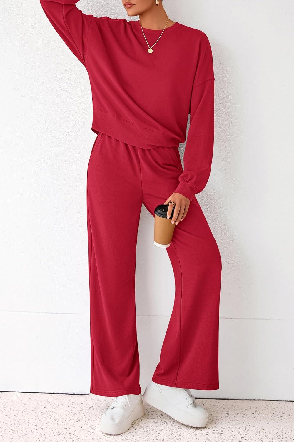 imagePRETTYGARDEN Women 2 Piece Outfits 2025 Fall Sweatsuits Crewneck Sweatshirt Wide Leg Sweatpants Lounge Sets TracksuitRed