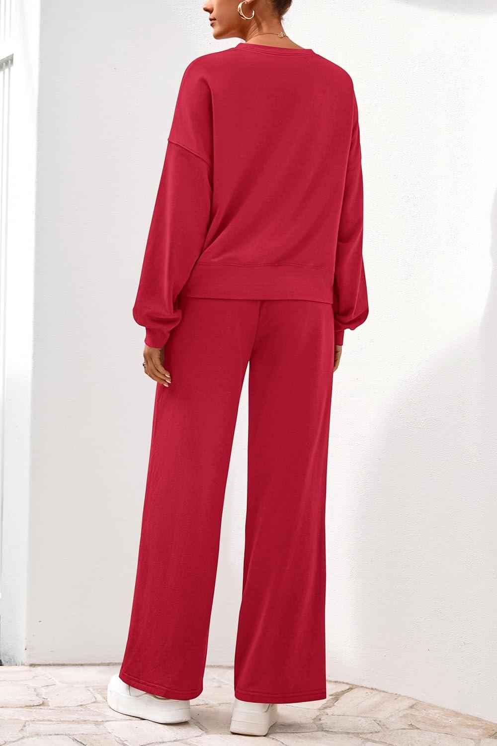 imagePRETTYGARDEN Women 2 Piece Outfits 2025 Fall Sweatsuits Crewneck Sweatshirt Wide Leg Sweatpants Lounge Sets TracksuitRed