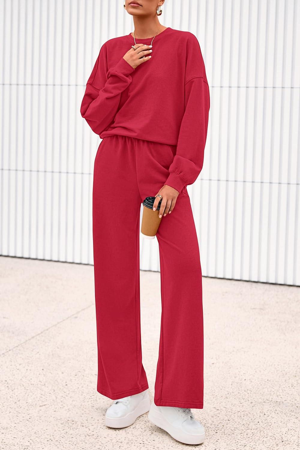 imagePRETTYGARDEN Women 2 Piece Outfits 2025 Fall Sweatsuits Crewneck Sweatshirt Wide Leg Sweatpants Lounge Sets TracksuitRed