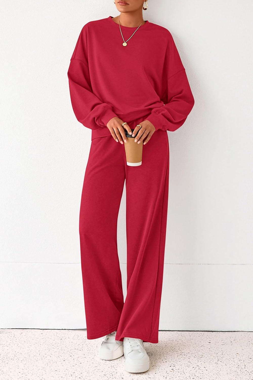 imagePRETTYGARDEN Women 2 Piece Outfits 2025 Fall Sweatsuits Crewneck Sweatshirt Wide Leg Sweatpants Lounge Sets TracksuitRed