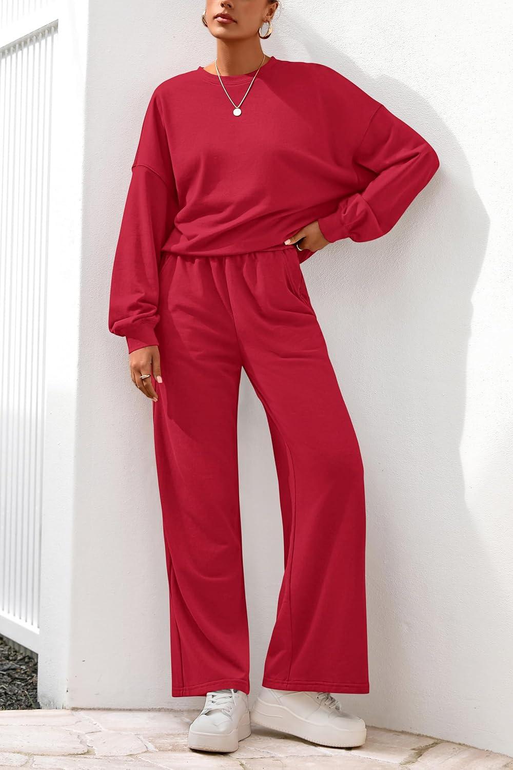 imagePRETTYGARDEN Women 2 Piece Outfits 2025 Fall Sweatsuits Crewneck Sweatshirt Wide Leg Sweatpants Lounge Sets TracksuitRed
