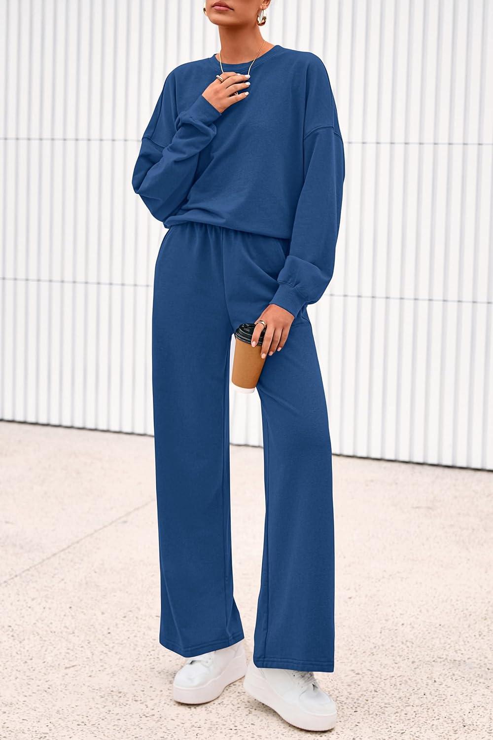 imagePRETTYGARDEN Women 2 Piece Outfits 2025 Fall Sweatsuits Crewneck Sweatshirt Wide Leg Sweatpants Lounge Sets TracksuitRoyal Blue