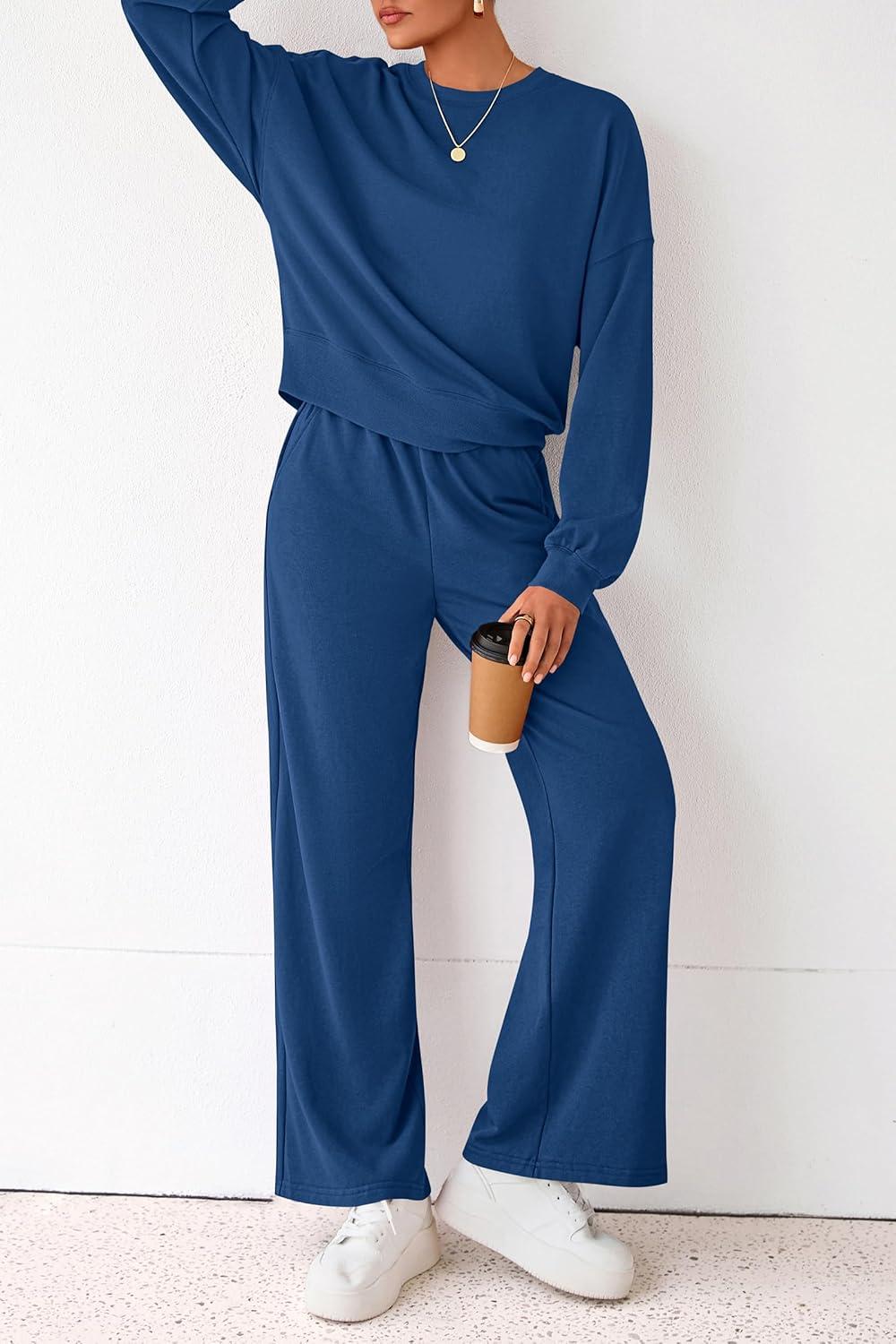 imagePRETTYGARDEN Women 2 Piece Outfits 2025 Fall Sweatsuits Crewneck Sweatshirt Wide Leg Sweatpants Lounge Sets TracksuitRoyal Blue