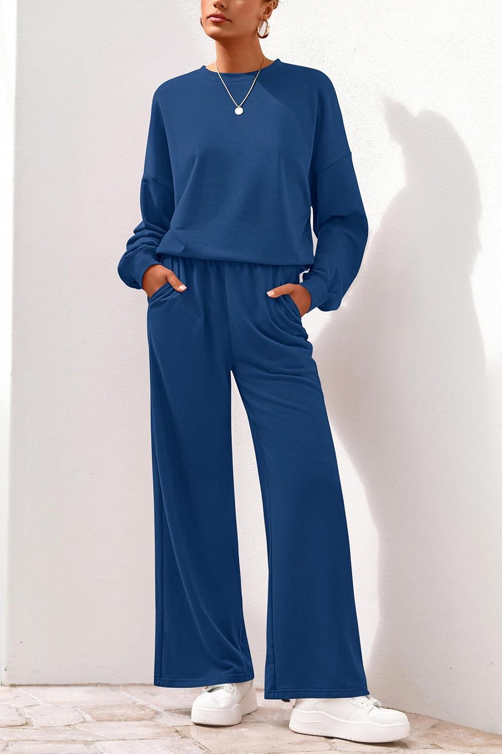 imagePRETTYGARDEN Women 2 Piece Outfits 2025 Fall Sweatsuits Crewneck Sweatshirt Wide Leg Sweatpants Lounge Sets TracksuitRoyal Blue