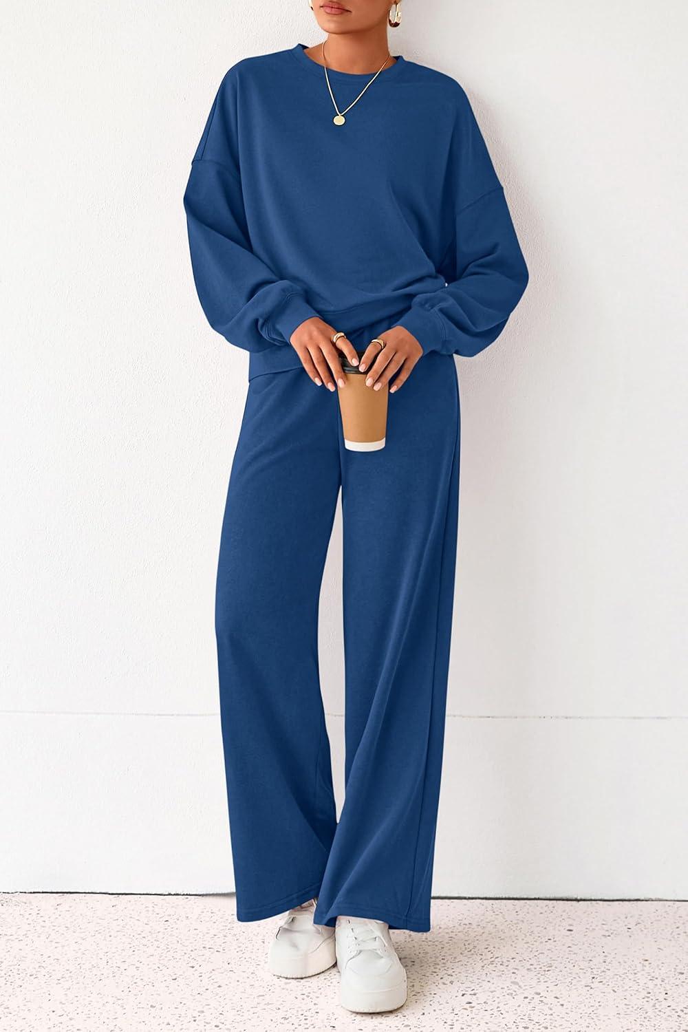 imagePRETTYGARDEN Women 2 Piece Outfits 2025 Fall Sweatsuits Crewneck Sweatshirt Wide Leg Sweatpants Lounge Sets TracksuitRoyal Blue