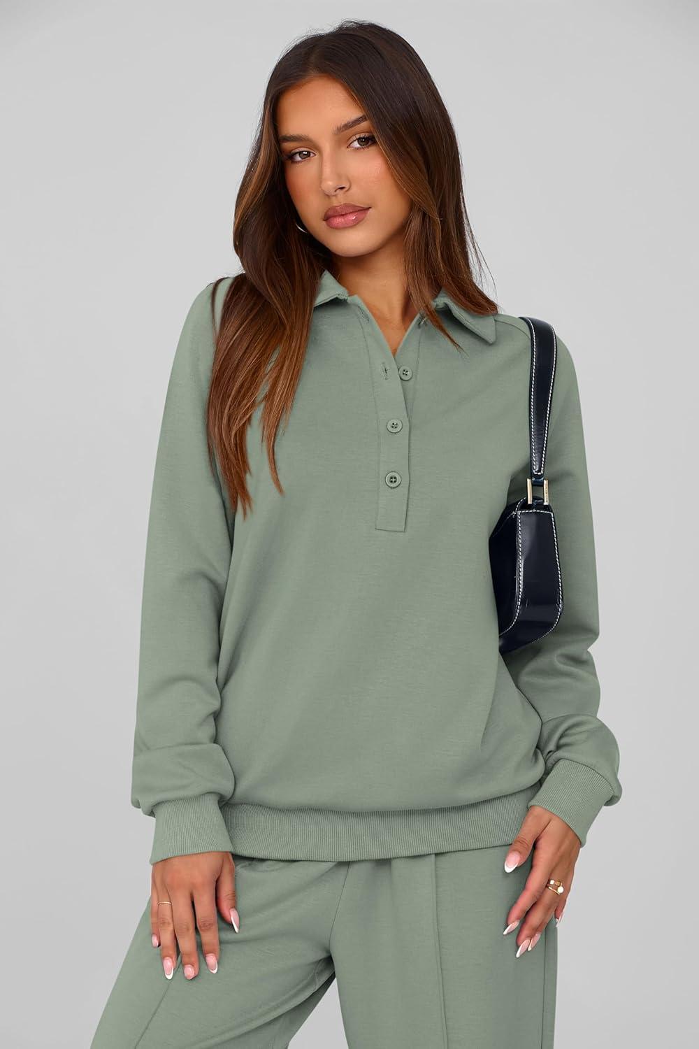 imagePRETTYGARDEN Women Fall 2 Piece Outfits Sweatsuits Quarter Button Long Sleeve Sweatshirt Wide Leg Pants Tracksuit Lounge SetsBean Green