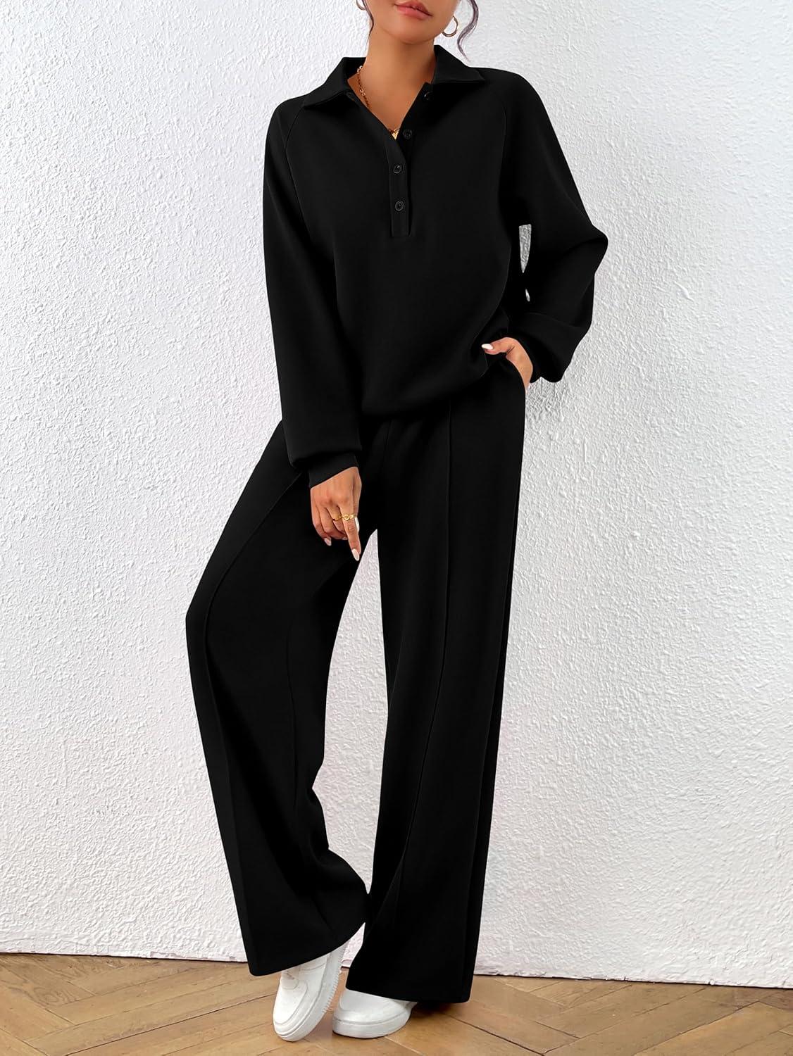 imagePRETTYGARDEN Women Fall 2 Piece Outfits Sweatsuits Quarter Button Long Sleeve Sweatshirt Wide Leg Pants Tracksuit Lounge SetsBlack