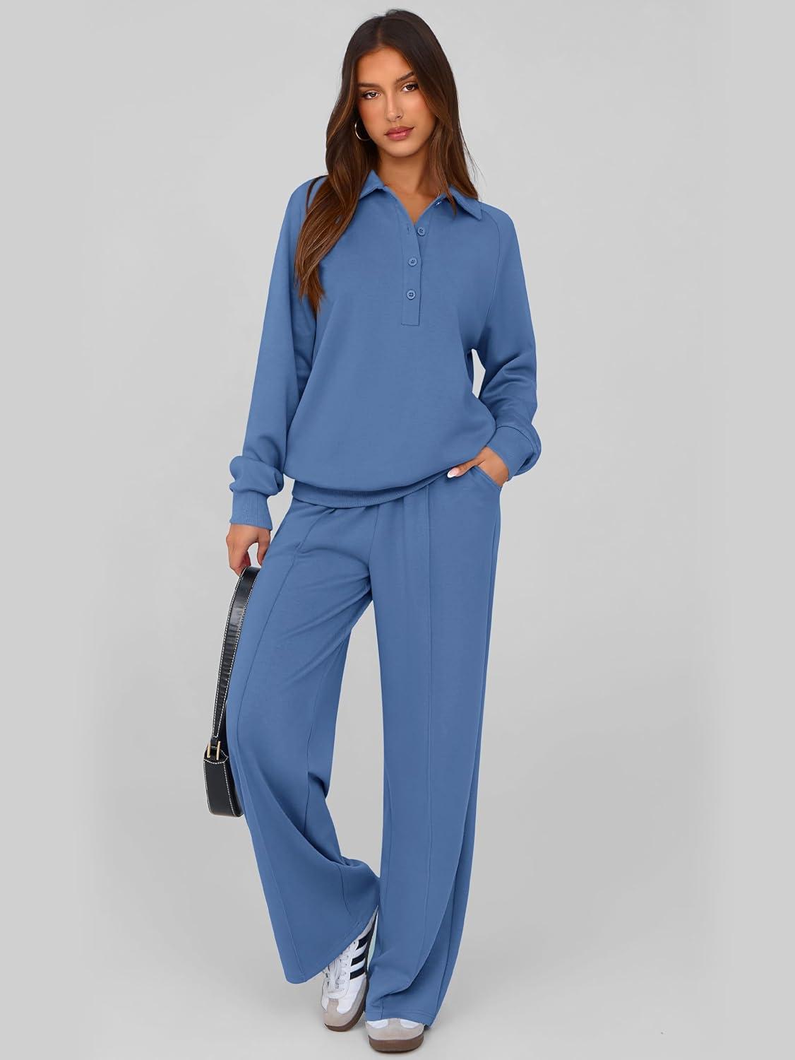imagePRETTYGARDEN Women Fall 2 Piece Outfits Sweatsuits Quarter Button Long Sleeve Sweatshirt Wide Leg Pants Tracksuit Lounge SetsBlue