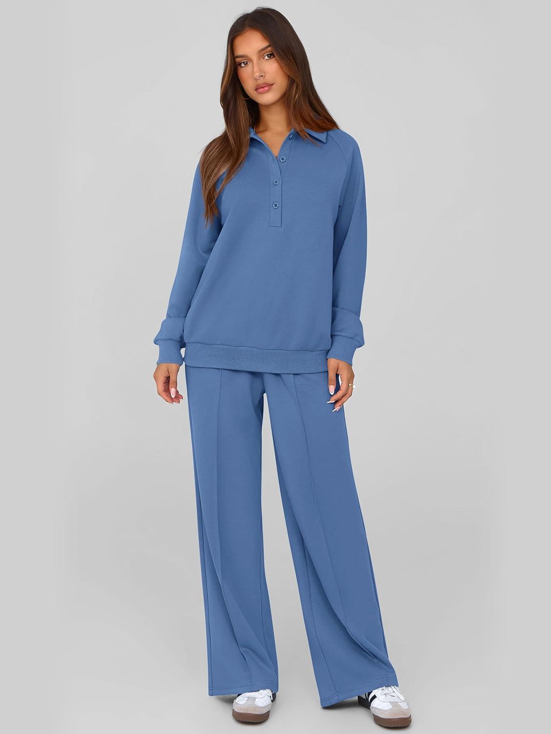 imagePRETTYGARDEN Women Fall 2 Piece Outfits Sweatsuits Quarter Button Long Sleeve Sweatshirt Wide Leg Pants Tracksuit Lounge SetsBlue