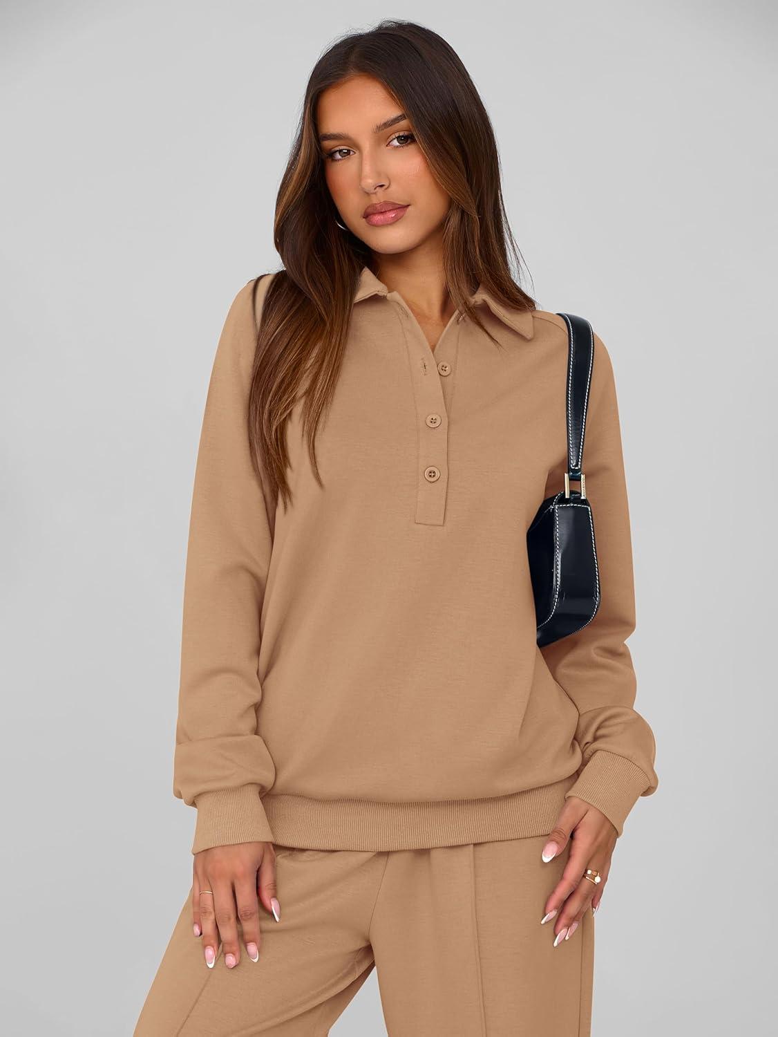 imagePRETTYGARDEN Women Fall 2 Piece Outfits Sweatsuits Quarter Button Long Sleeve Sweatshirt Wide Leg Pants Tracksuit Lounge SetsCamel