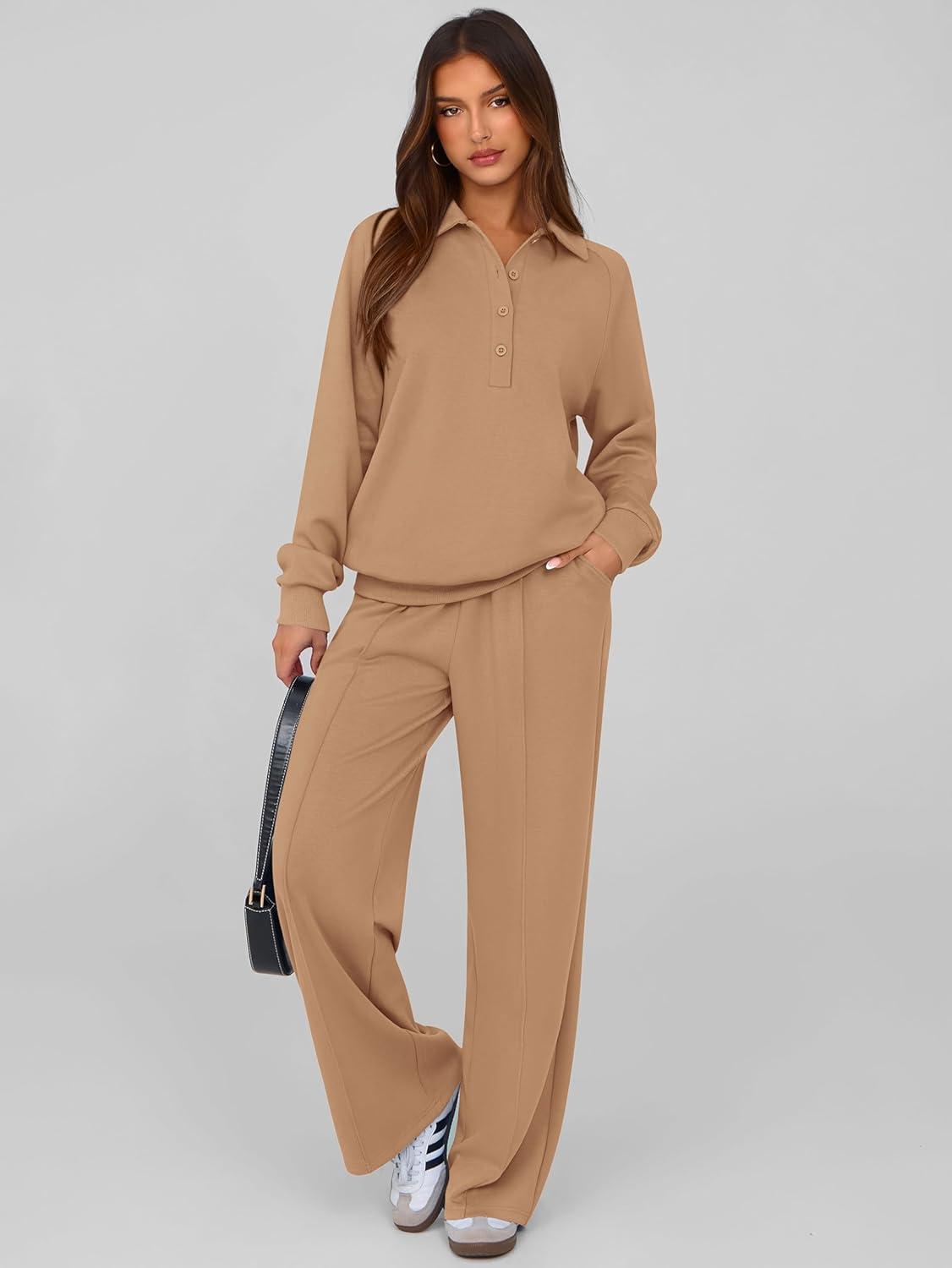 imagePRETTYGARDEN Women Fall 2 Piece Outfits Sweatsuits Quarter Button Long Sleeve Sweatshirt Wide Leg Pants Tracksuit Lounge SetsCamel