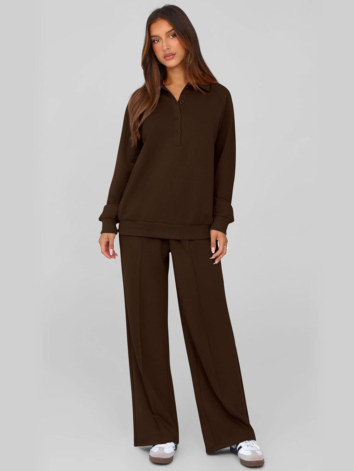 imagePRETTYGARDEN Women Fall 2 Piece Outfits Sweatsuits Quarter Button Long Sleeve Sweatshirt Wide Leg Pants Tracksuit Lounge SetsDark Brown