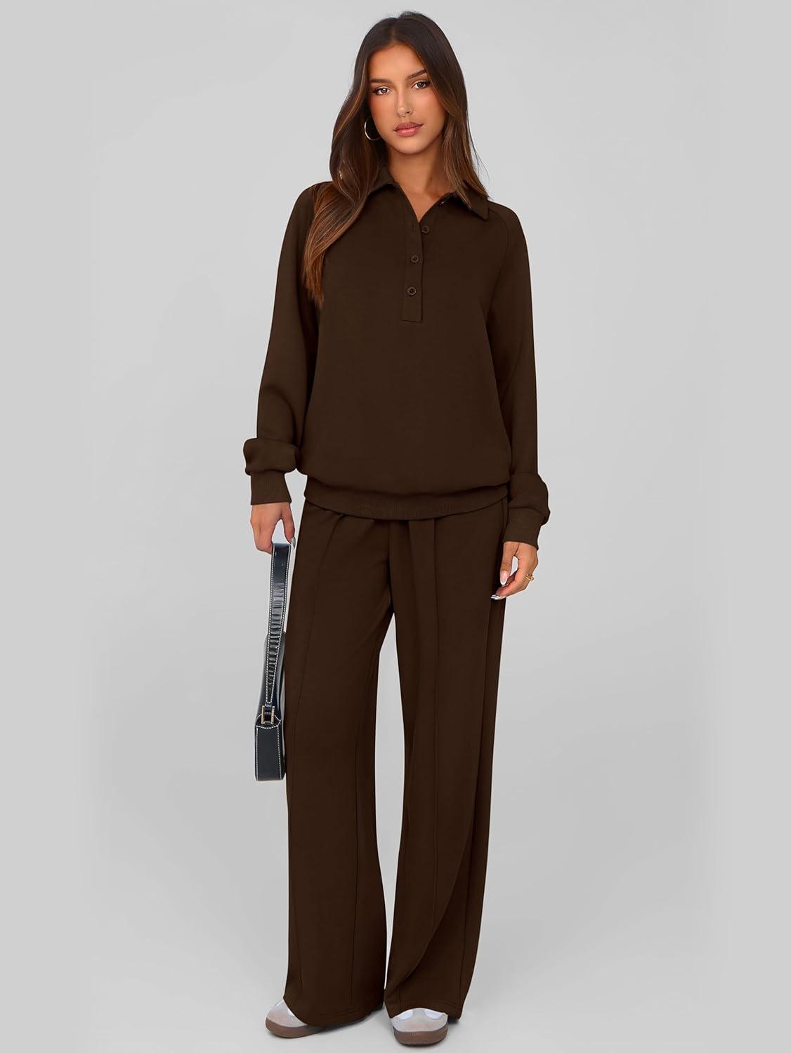 imagePRETTYGARDEN Women Fall 2 Piece Outfits Sweatsuits Quarter Button Long Sleeve Sweatshirt Wide Leg Pants Tracksuit Lounge SetsDark Brown