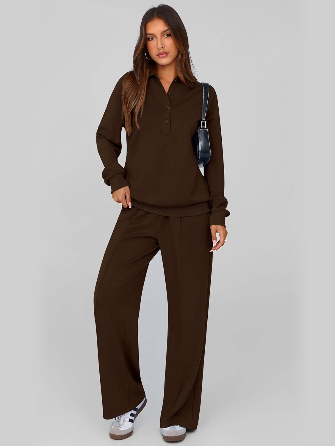 imagePRETTYGARDEN Women Fall 2 Piece Outfits Sweatsuits Quarter Button Long Sleeve Sweatshirt Wide Leg Pants Tracksuit Lounge SetsDark Brown