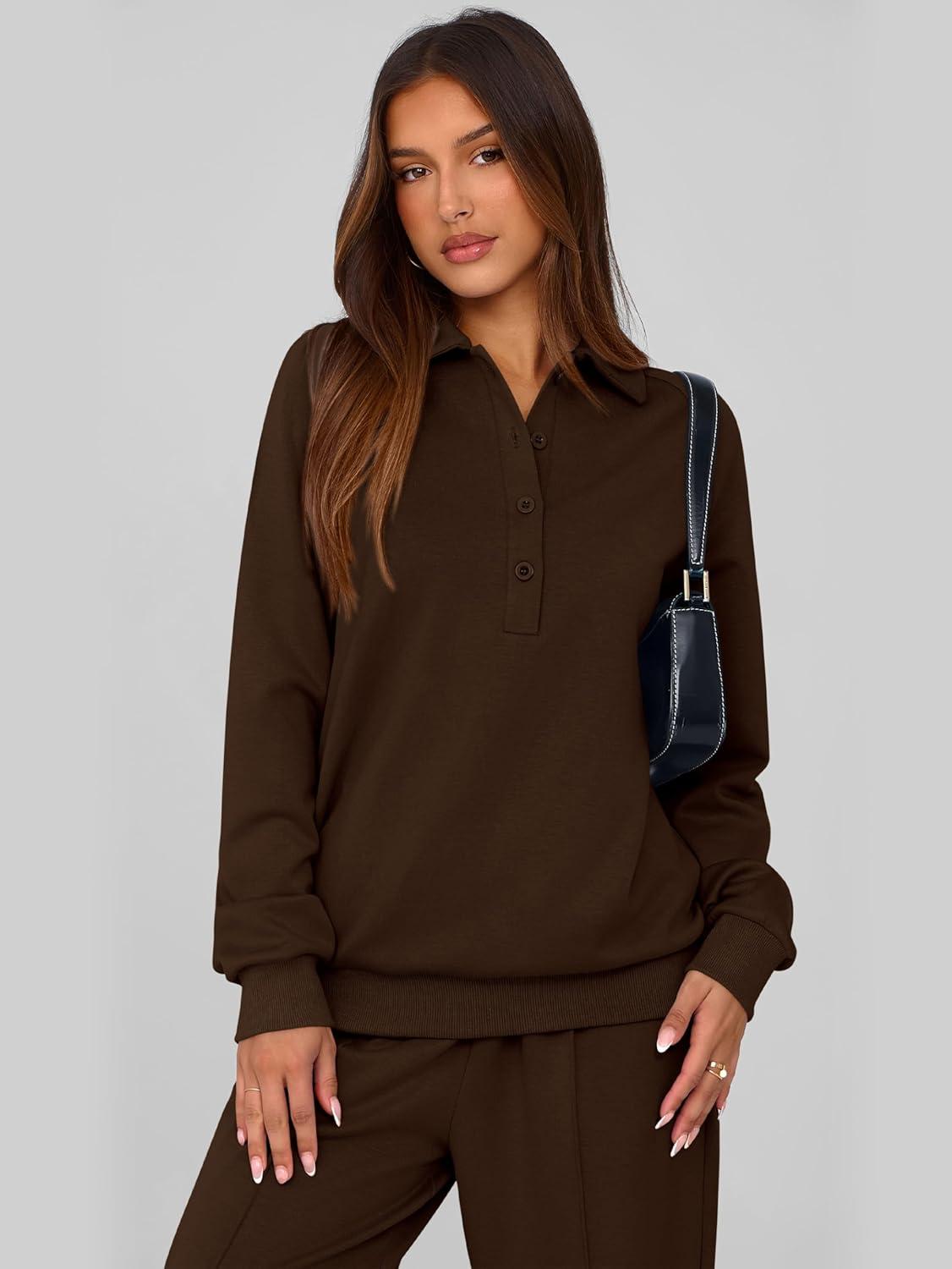 imagePRETTYGARDEN Women Fall 2 Piece Outfits Sweatsuits Quarter Button Long Sleeve Sweatshirt Wide Leg Pants Tracksuit Lounge SetsDark Brown