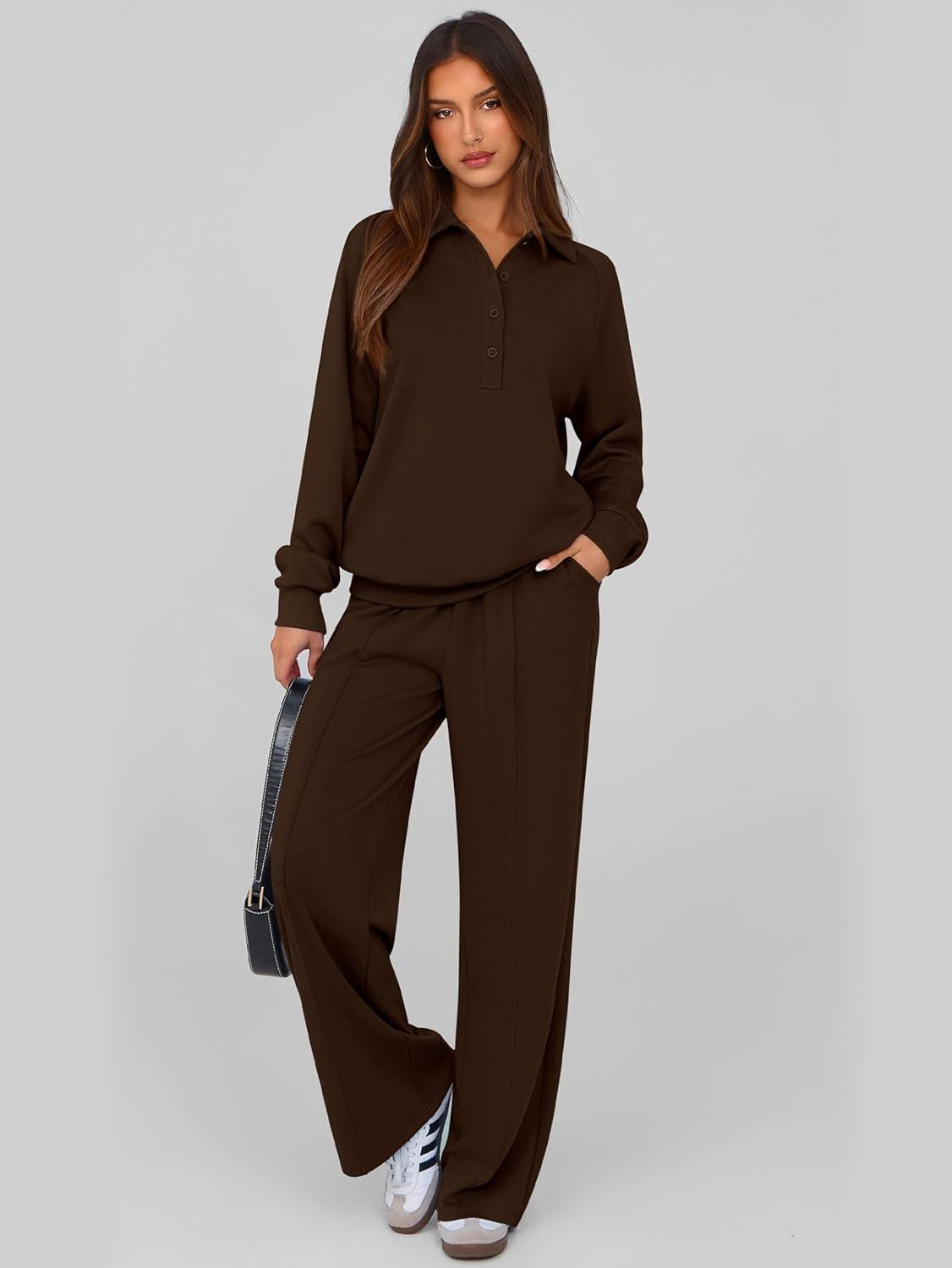 imagePRETTYGARDEN Women Fall 2 Piece Outfits Sweatsuits Quarter Button Long Sleeve Sweatshirt Wide Leg Pants Tracksuit Lounge SetsDark Brown