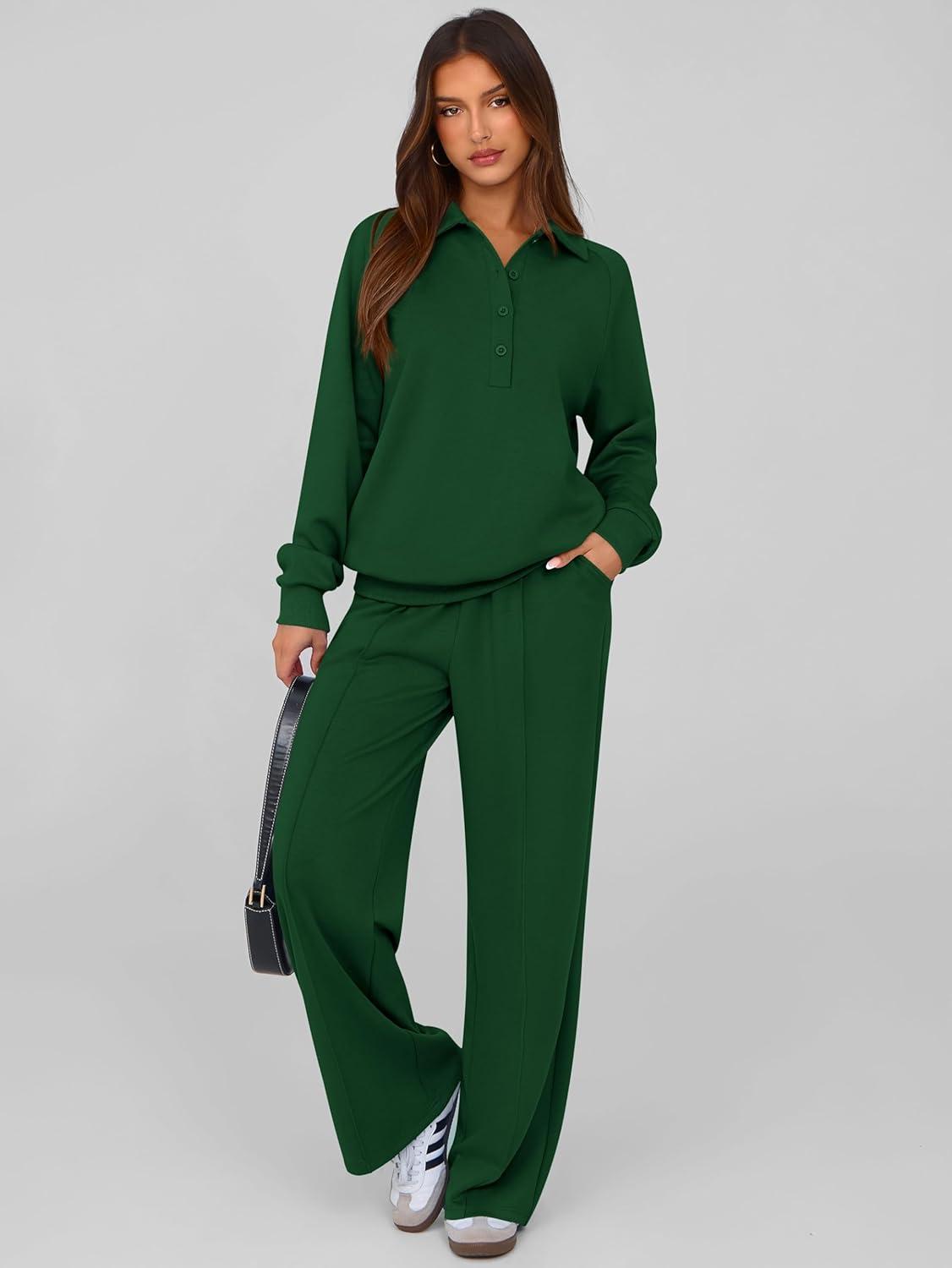 imagePRETTYGARDEN Women Fall 2 Piece Outfits Sweatsuits Quarter Button Long Sleeve Sweatshirt Wide Leg Pants Tracksuit Lounge SetsDark Green