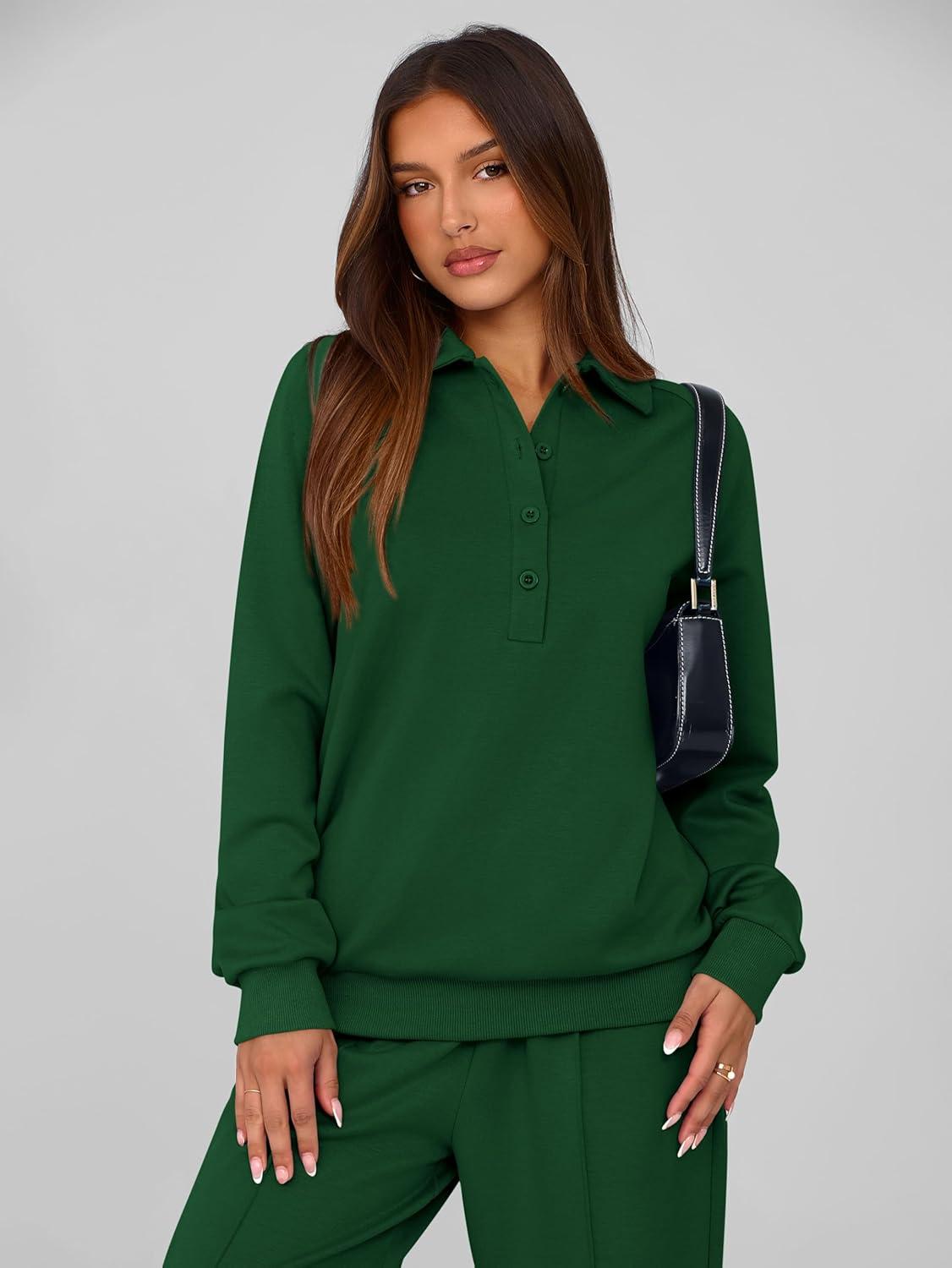 imagePRETTYGARDEN Women Fall 2 Piece Outfits Sweatsuits Quarter Button Long Sleeve Sweatshirt Wide Leg Pants Tracksuit Lounge SetsDark Green