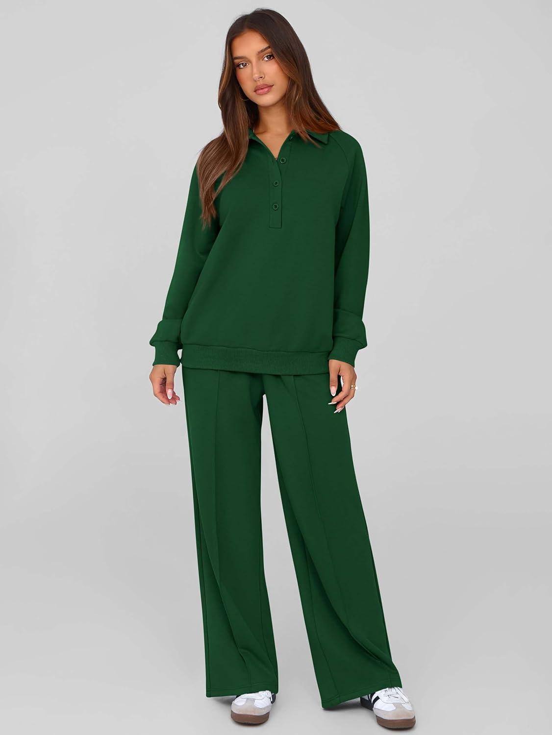 imagePRETTYGARDEN Women Fall 2 Piece Outfits Sweatsuits Quarter Button Long Sleeve Sweatshirt Wide Leg Pants Tracksuit Lounge SetsDark Green