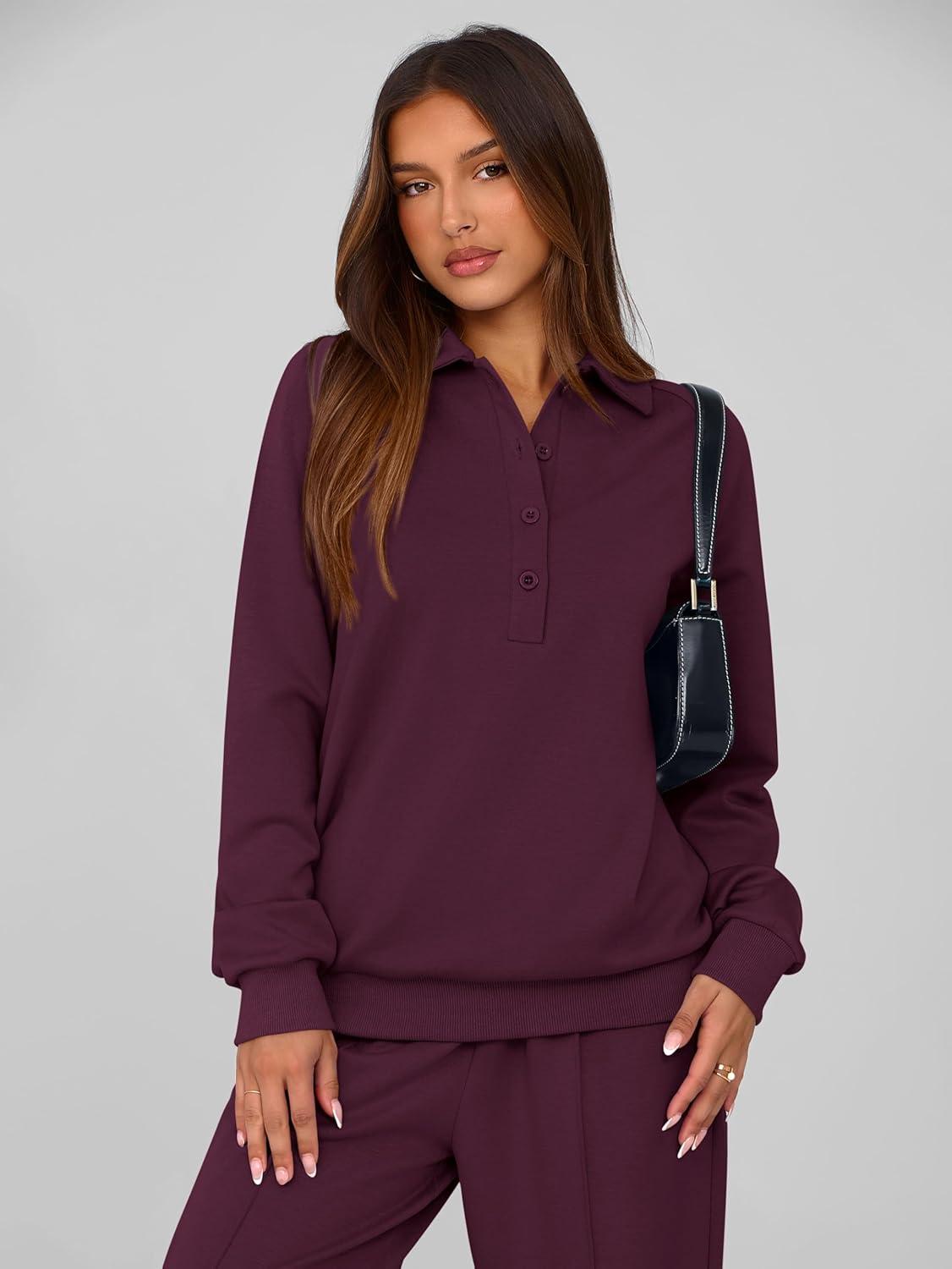 imagePRETTYGARDEN Women Fall 2 Piece Outfits Sweatsuits Quarter Button Long Sleeve Sweatshirt Wide Leg Pants Tracksuit Lounge SetsDark Wine Red