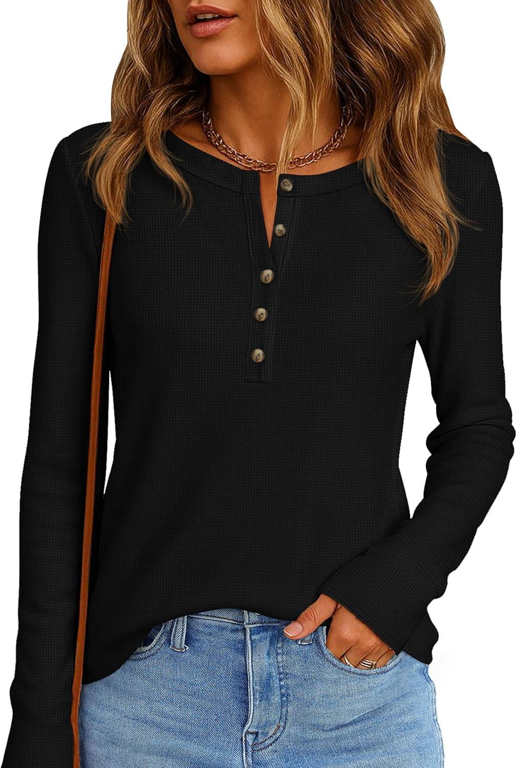 imagePRETTYGARDEN Women Long Sleeve Waffle Knit Shirts 2025 Fall Clothes Casual Button Up Henley V Neck Tunic Tops Loose Basic TeeBlack