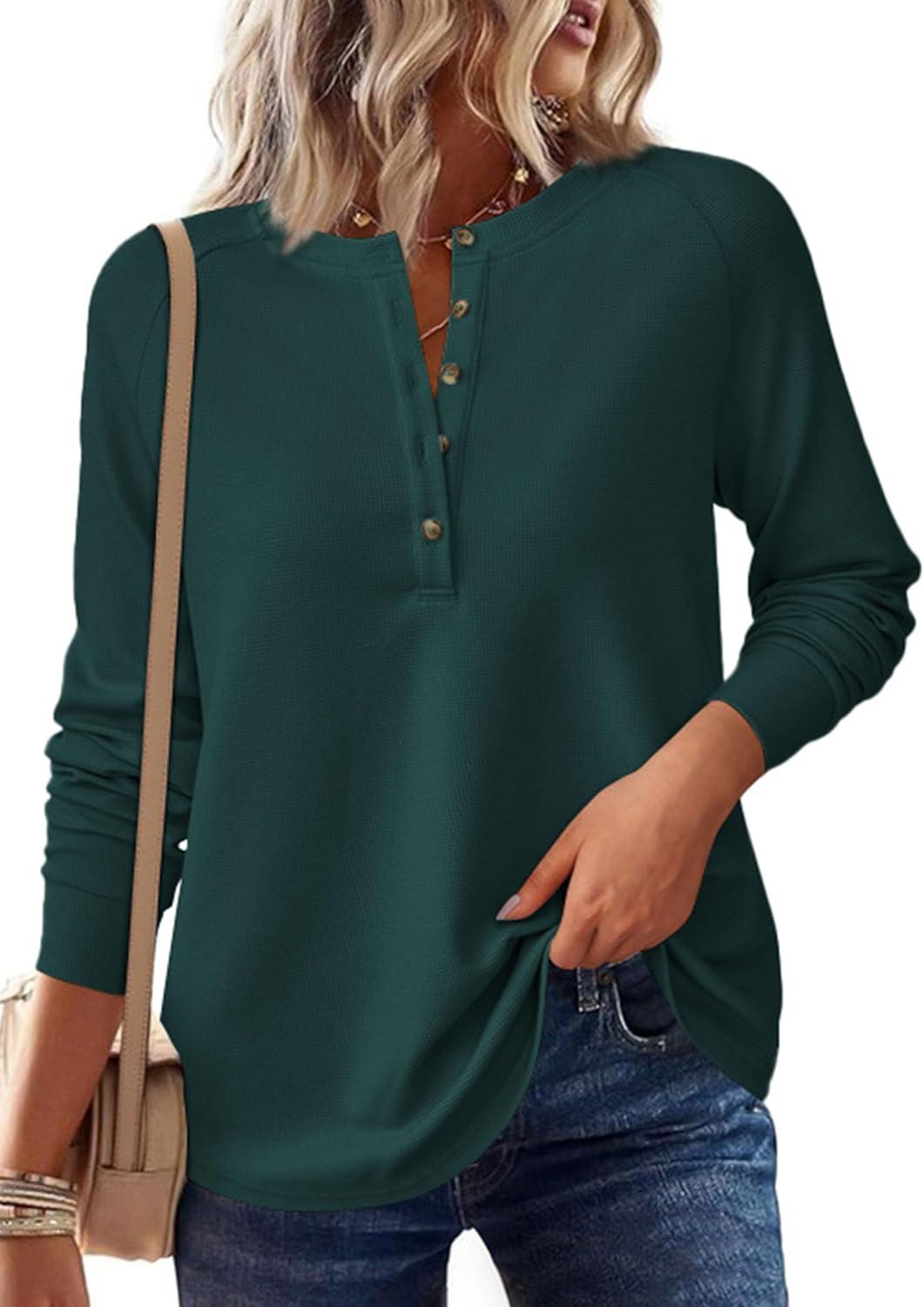 imagePRETTYGARDEN Women Long Sleeve Waffle Knit Shirts 2025 Fall Clothes Casual Button Up Henley V Neck Tunic Tops Loose Basic TeeDark Green