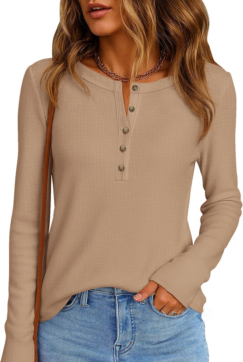 imagePRETTYGARDEN Women Long Sleeve Waffle Knit Shirts 2025 Fall Clothes Casual Button Up Henley V Neck Tunic Tops Loose Basic TeeKhaki