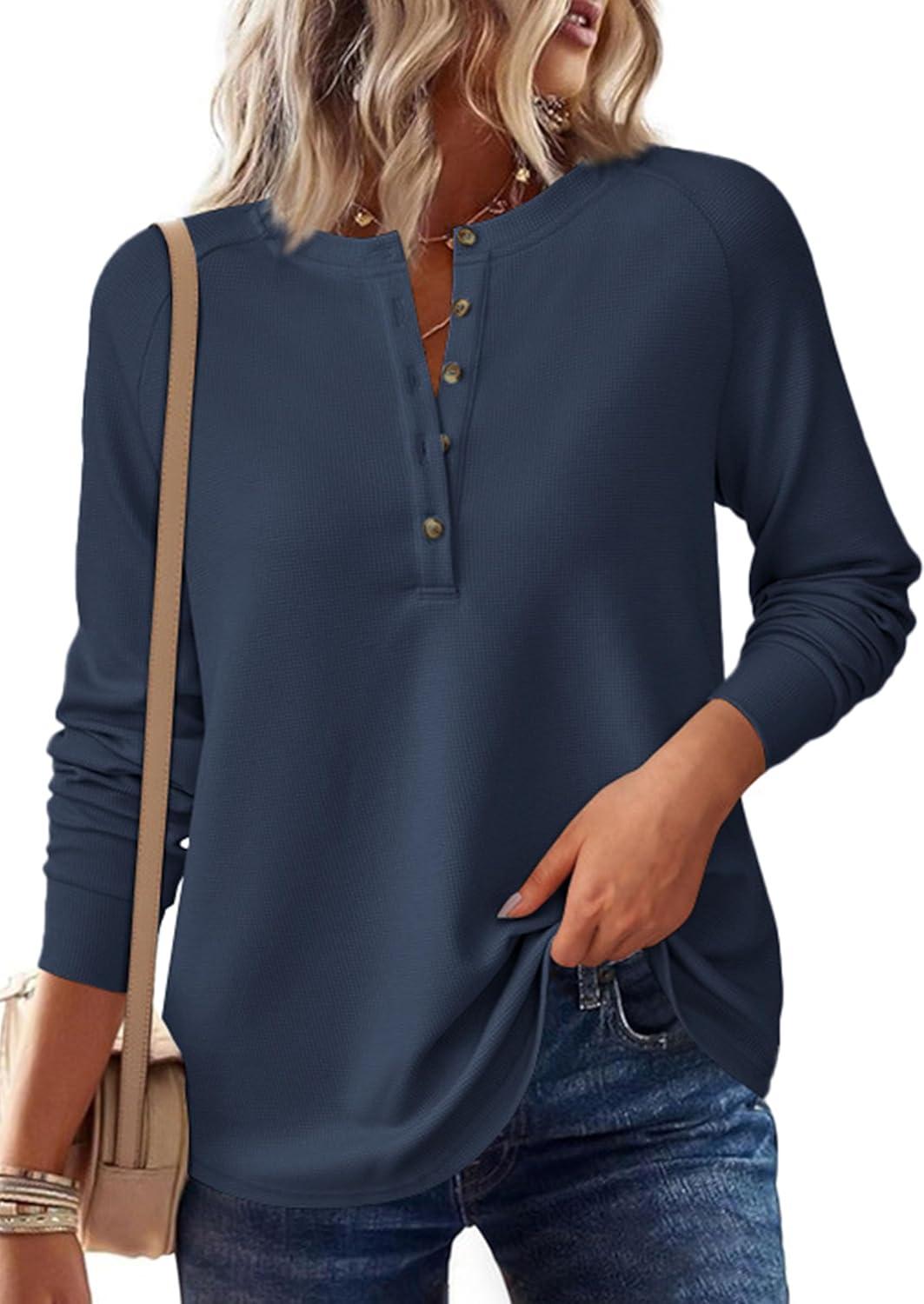 imagePRETTYGARDEN Women Long Sleeve Waffle Knit Shirts 2025 Fall Clothes Casual Button Up Henley V Neck Tunic Tops Loose Basic TeeNavy Blue