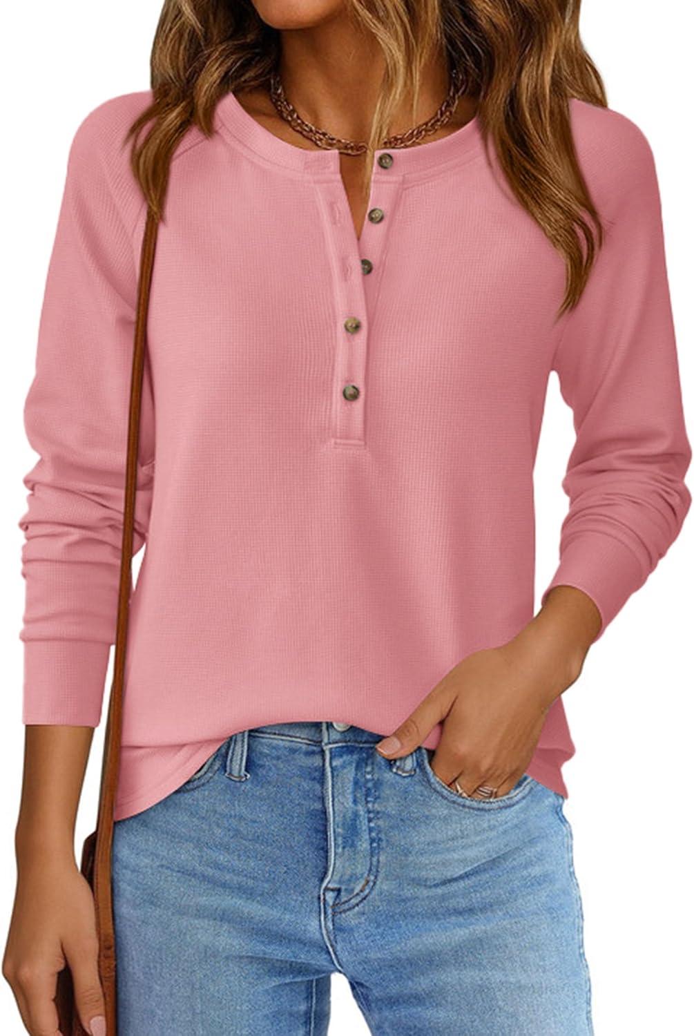 imagePRETTYGARDEN Women Long Sleeve Waffle Knit Shirts 2025 Fall Clothes Casual Button Up Henley V Neck Tunic Tops Loose Basic TeePink