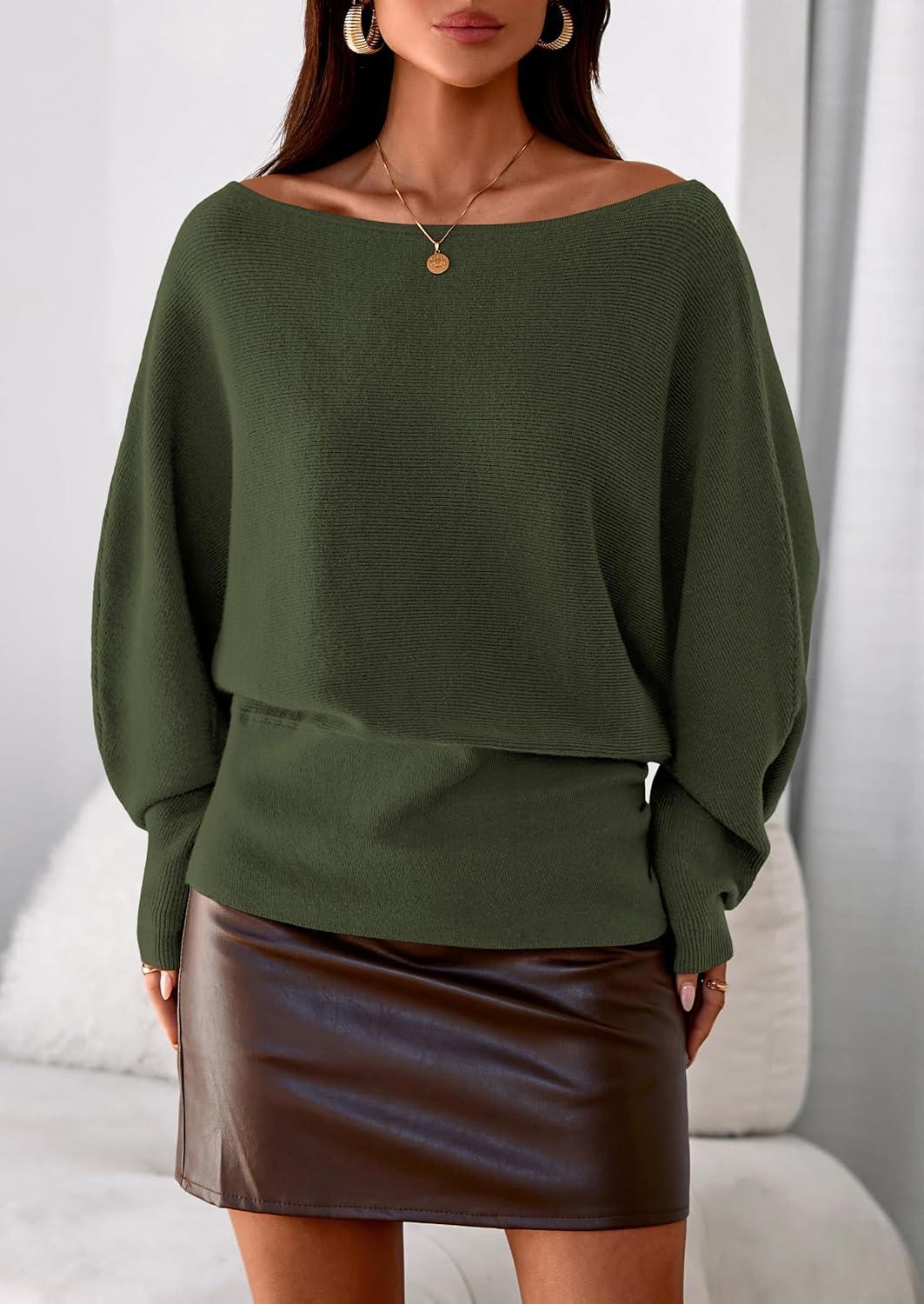 imagePRETTYGARDEN Women Off The Shoulder Sweater 2025 Fall Trendy Long Batwing Sleeve Knit Pullover Going Out Tops Winter ClothingArmy Green