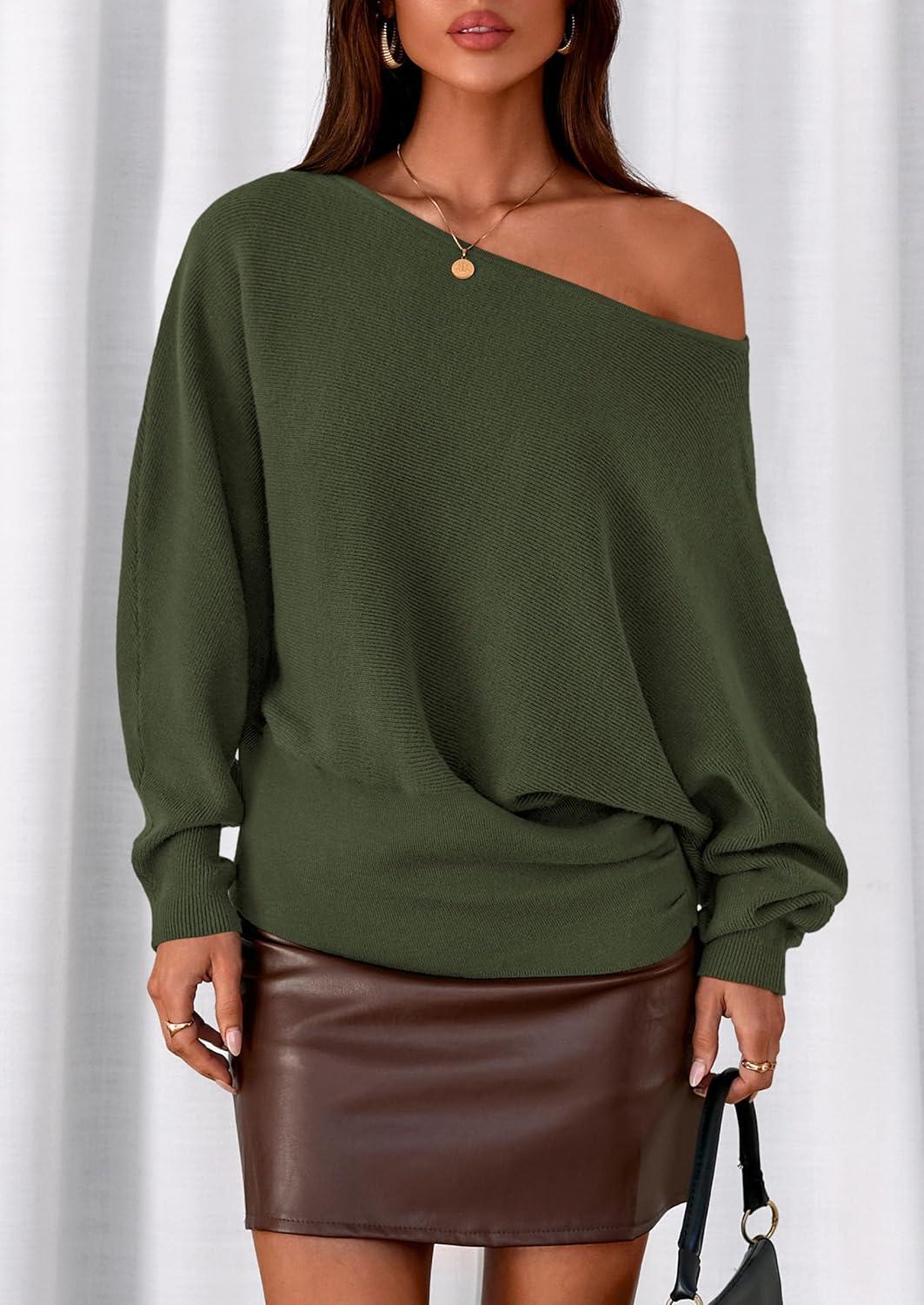 imagePRETTYGARDEN Women Off The Shoulder Sweater 2025 Fall Trendy Long Batwing Sleeve Knit Pullover Going Out Tops Winter ClothingArmy Green