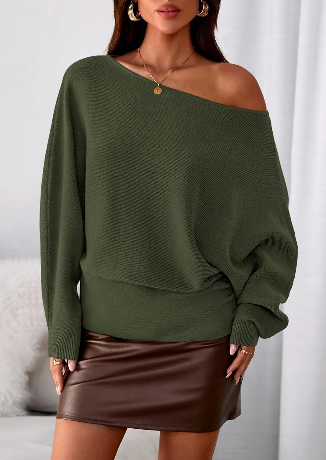 imagePRETTYGARDEN Women Off The Shoulder Sweater 2025 Fall Trendy Long Batwing Sleeve Knit Pullover Going Out Tops Winter ClothingArmy Green
