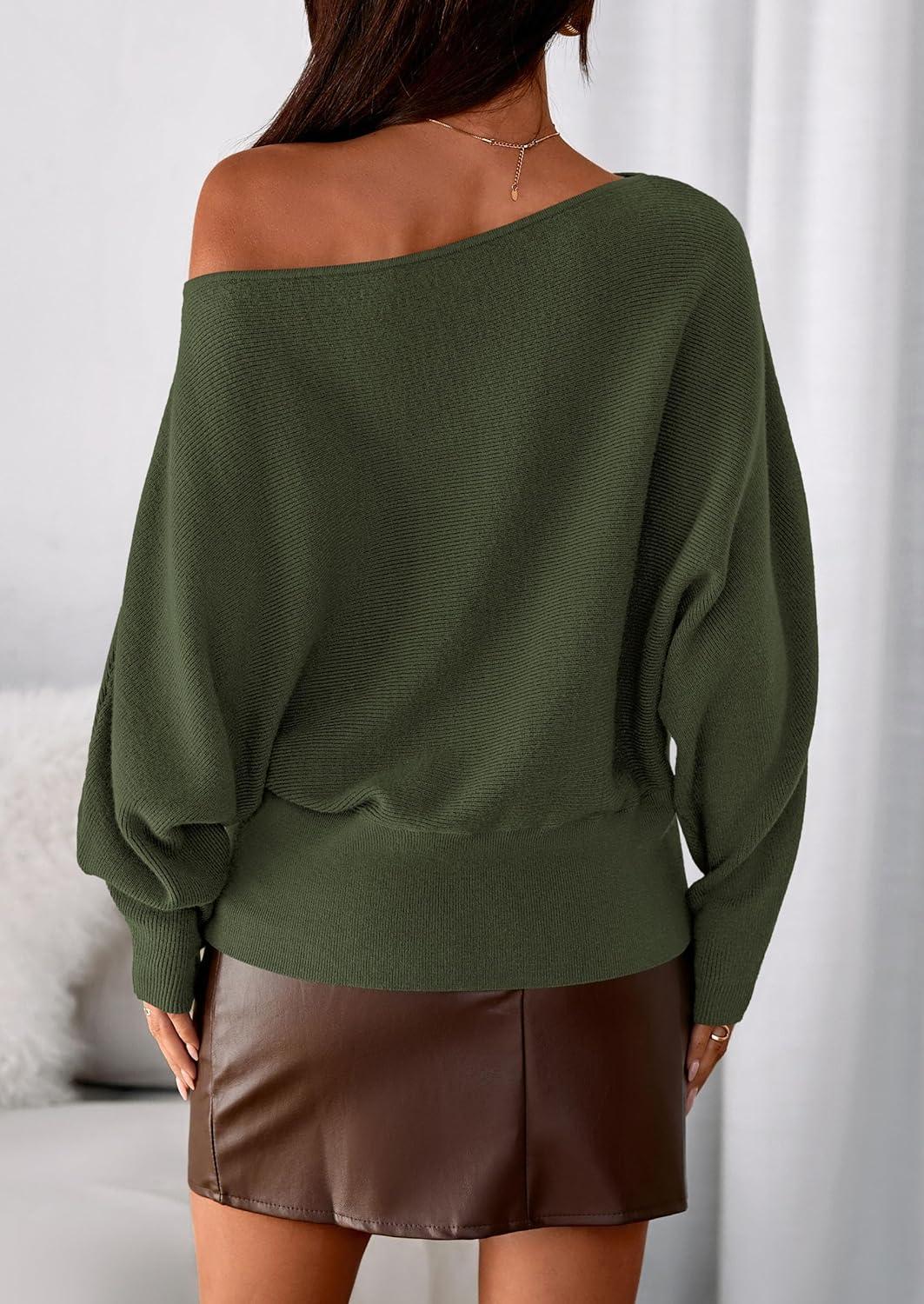 imagePRETTYGARDEN Women Off The Shoulder Sweater 2025 Fall Trendy Long Batwing Sleeve Knit Pullover Going Out Tops Winter ClothingArmy Green