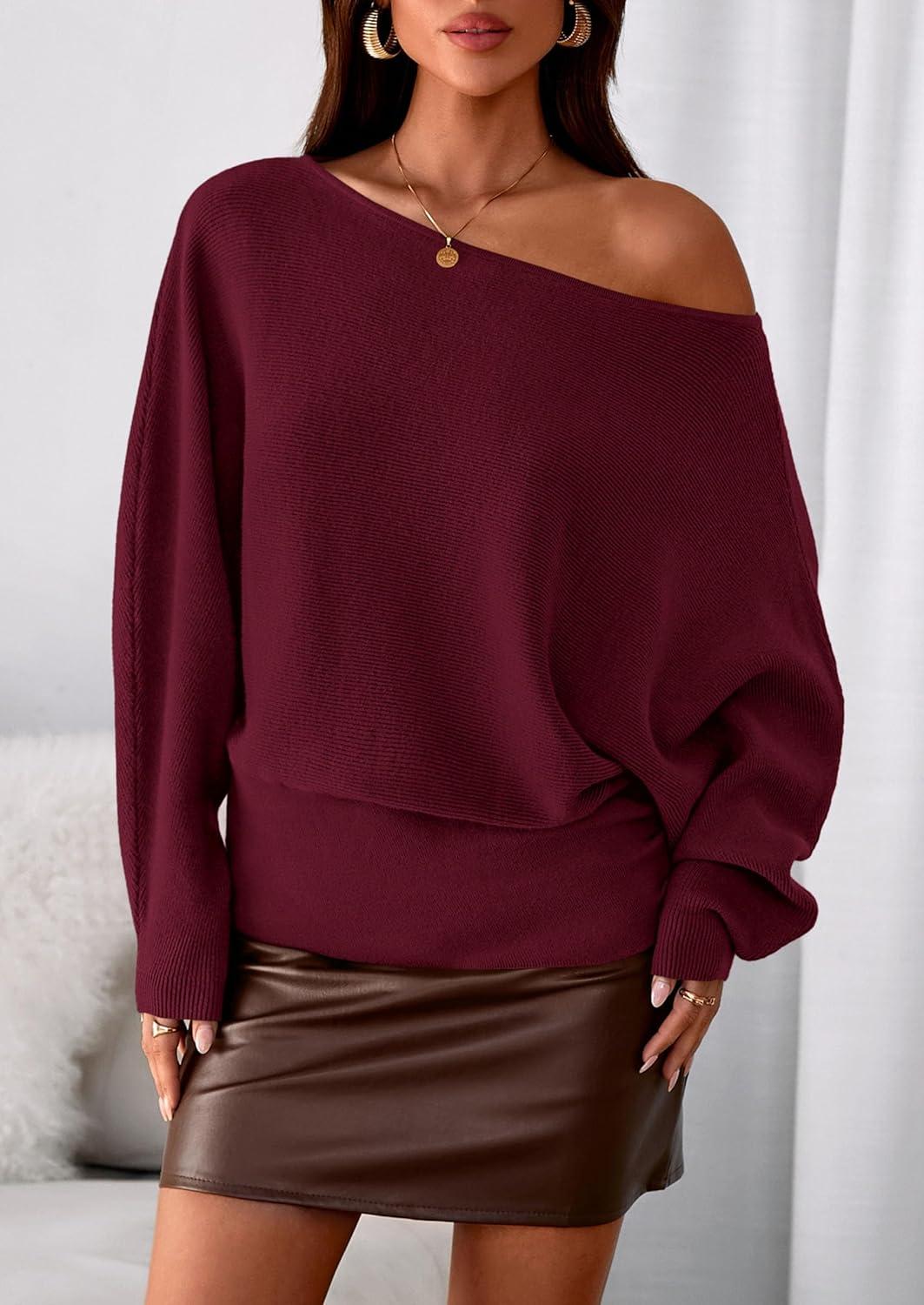 imagePRETTYGARDEN Women Off The Shoulder Sweater 2025 Fall Trendy Long Batwing Sleeve Knit Pullover Going Out Tops Winter ClothingBurgundy