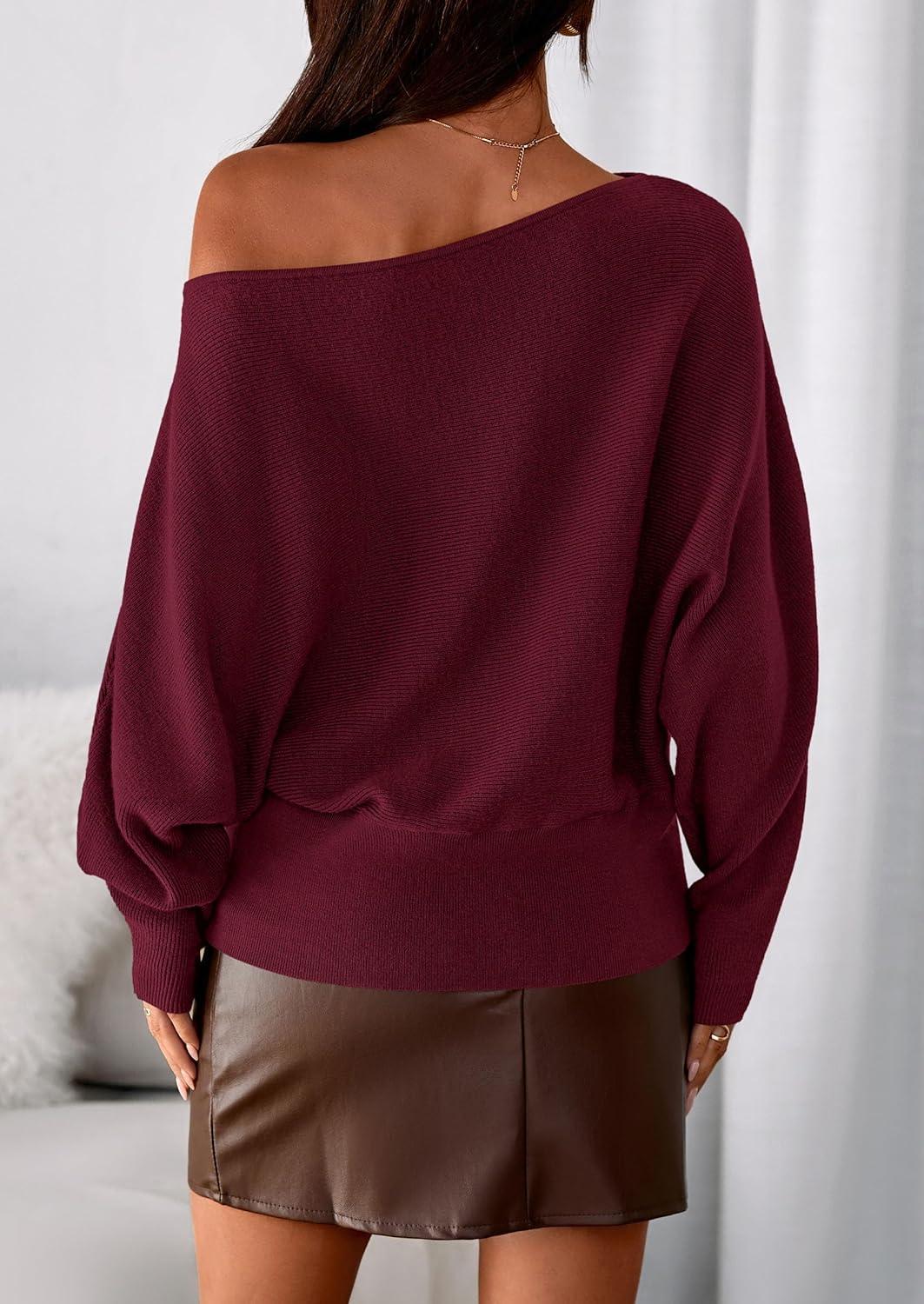 imagePRETTYGARDEN Women Off The Shoulder Sweater 2025 Fall Trendy Long Batwing Sleeve Knit Pullover Going Out Tops Winter ClothingBurgundy