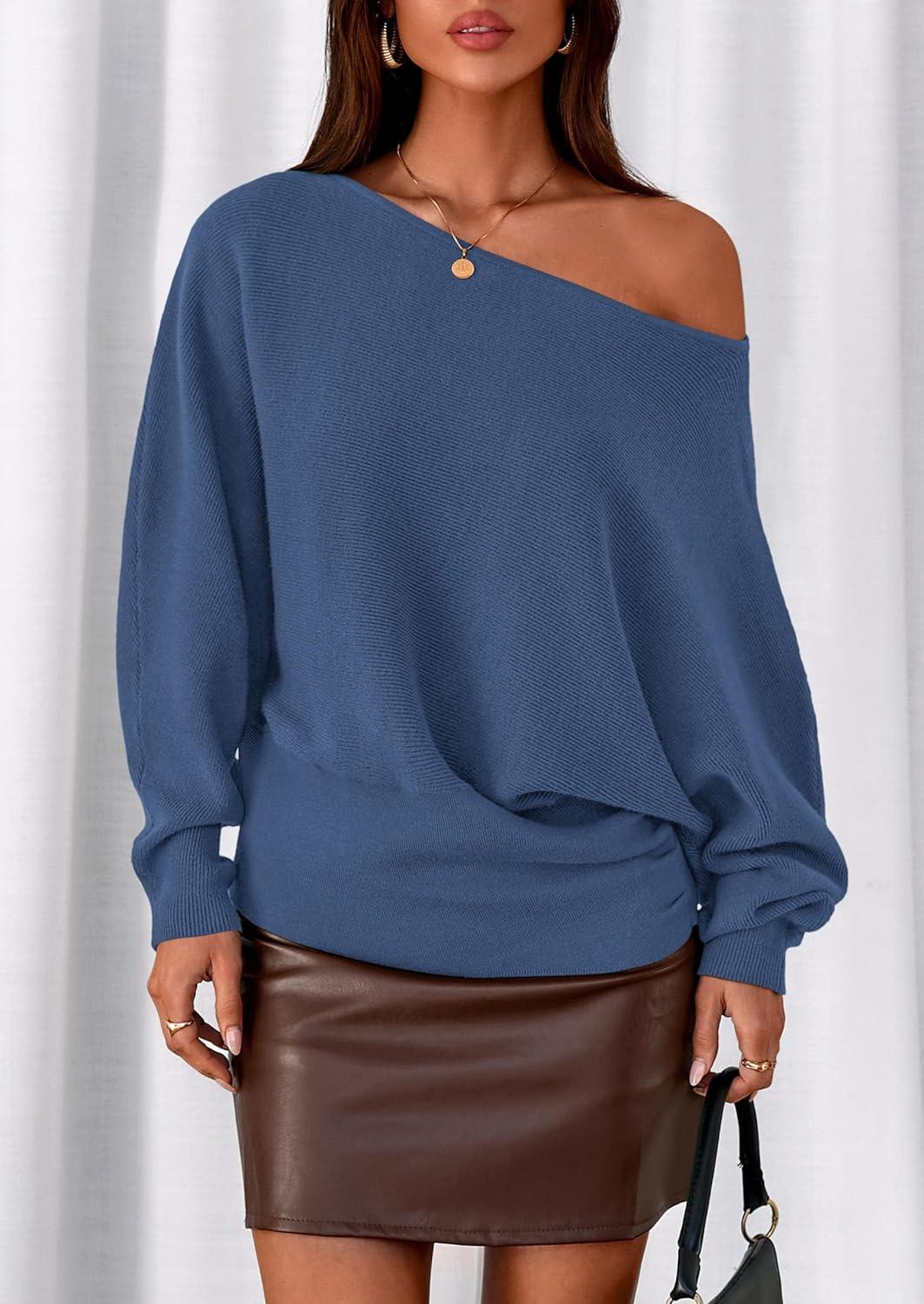 imagePRETTYGARDEN Women Off The Shoulder Sweater 2025 Fall Trendy Long Batwing Sleeve Knit Pullover Going Out Tops Winter ClothingDark Blue