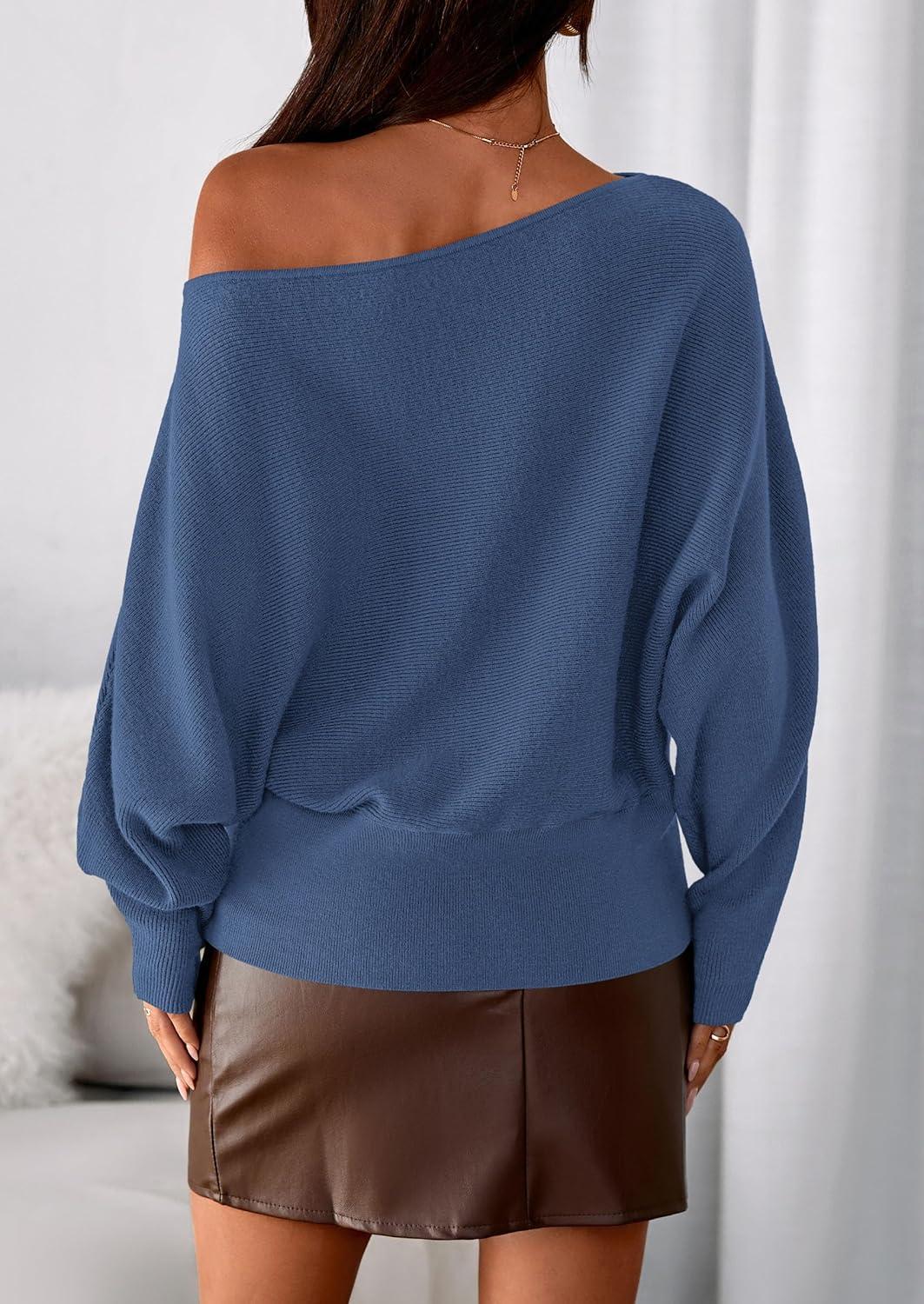 imagePRETTYGARDEN Women Off The Shoulder Sweater 2025 Fall Trendy Long Batwing Sleeve Knit Pullover Going Out Tops Winter ClothingDark Blue