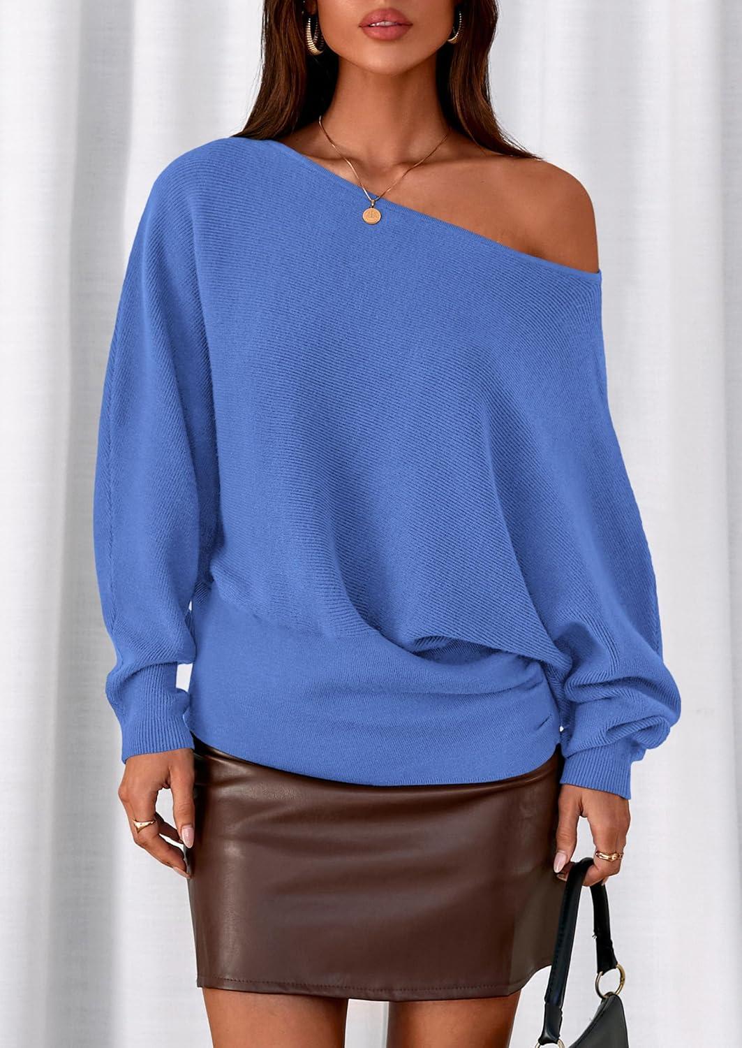 imagePRETTYGARDEN Women Off The Shoulder Sweater 2025 Fall Trendy Long Batwing Sleeve Knit Pullover Going Out Tops Winter ClothingSky Blue
